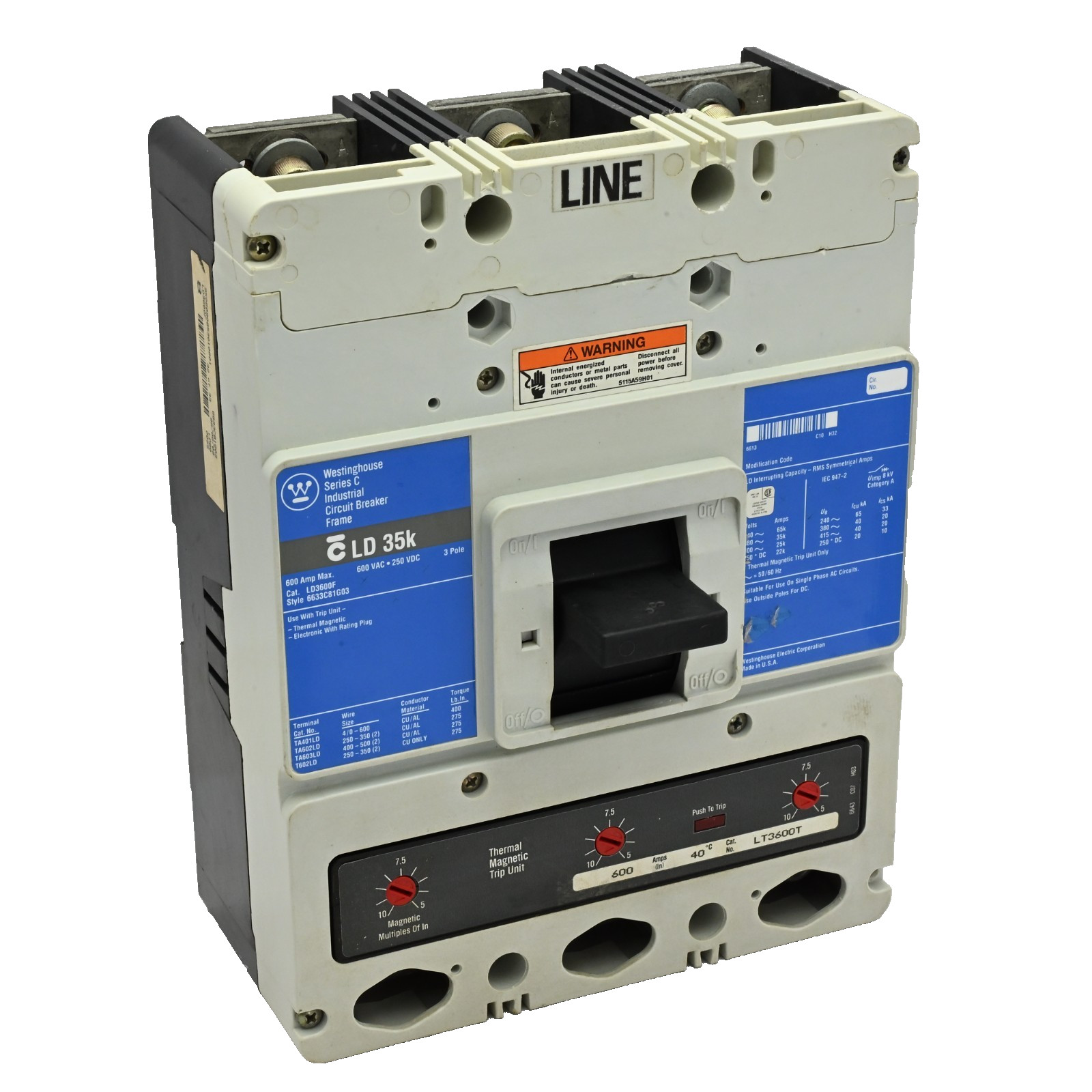 Westinghouse LD3600F Industrial Circuit Breaker 6633C81G03 600A 600VAC/250VDC 3P