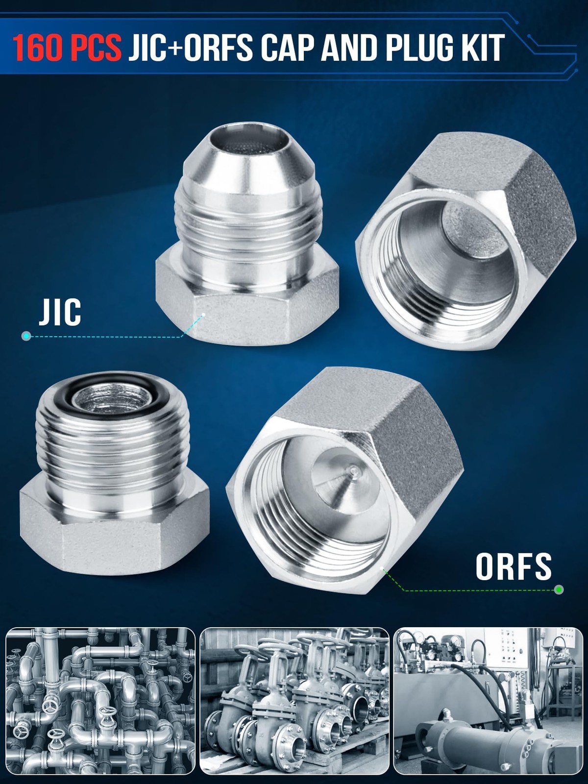 Hydraulic Cap and Plug Kit 160 PC JIC and ORFS 37° Dash Sizes 4 6 8 10 12 16