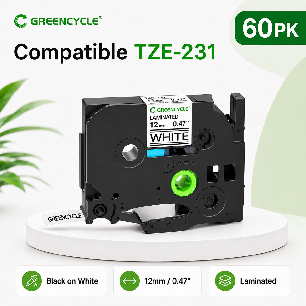 60x TZe-231 TZe231 TZe Tape 12mm 0.47in Black on White for P-Touch PT-530 PT-540