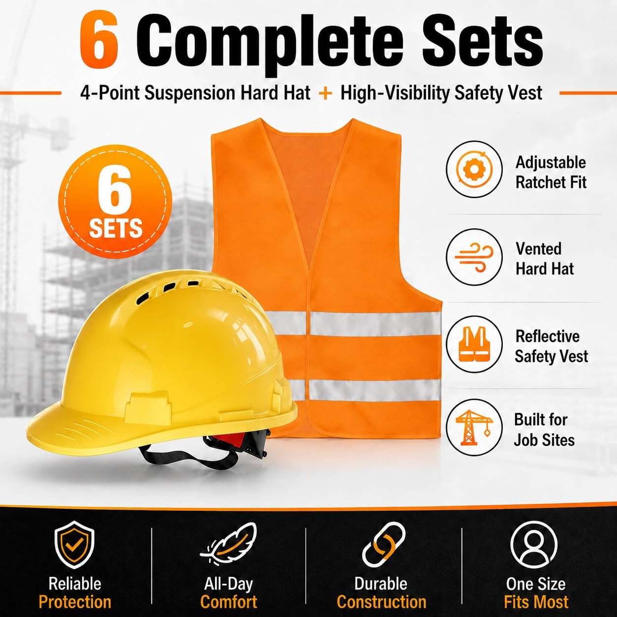 Bailiyake 4 Pt. Suspension Hard Hat Safety Vests Bulk Safety Helmets Adjustable