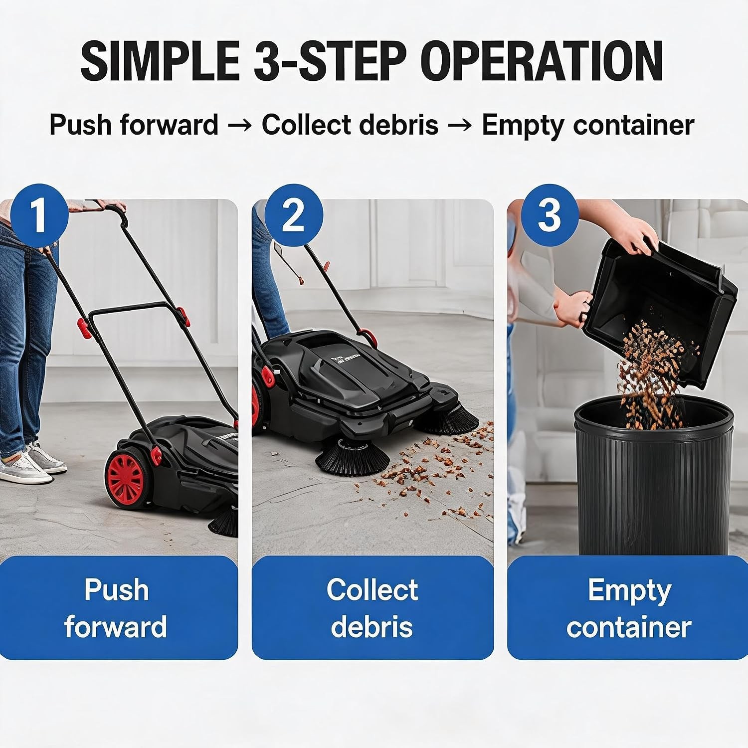 Walk-Behind Push Sweeper W/ Dual Brushes No Electricity for Patio Sidewalk Shop