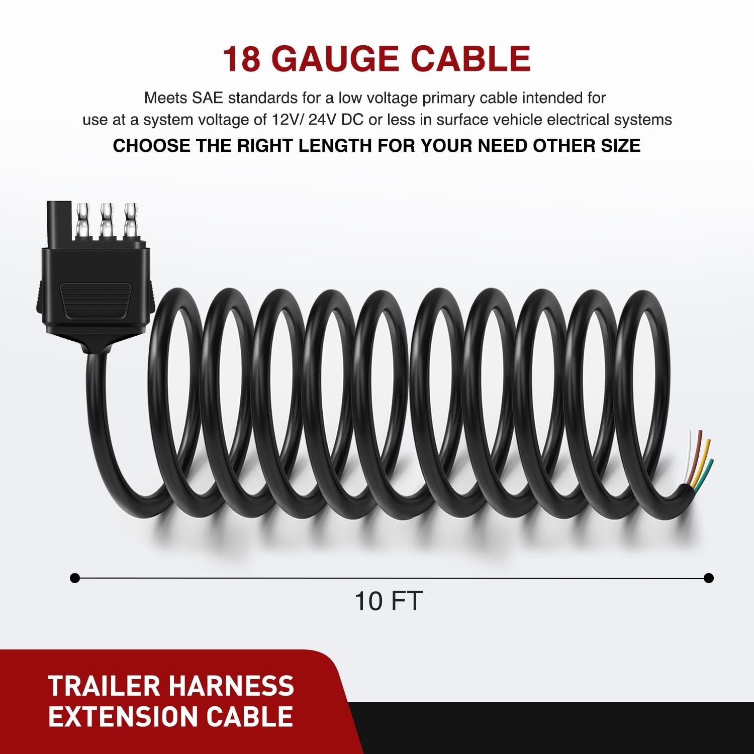4 Way Trailer Connector End Plug 10Ft Cable 18AWG Heavy Duty 4 Pin Wiring