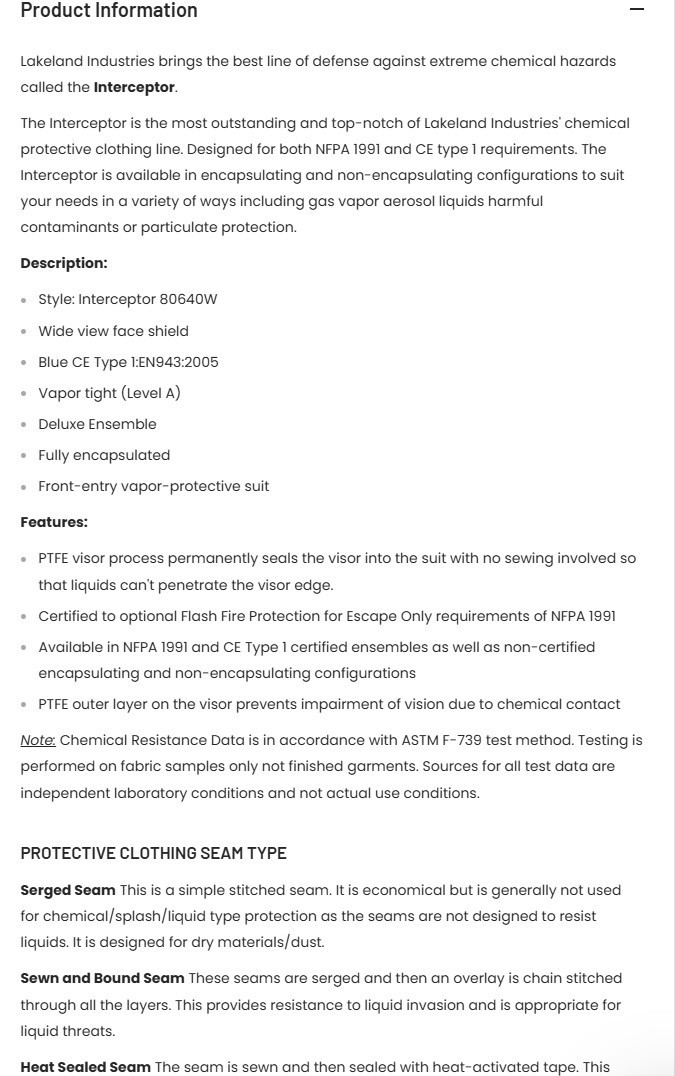 Lakeland Interceptor Fully Encapsulated Front Entry Level A Vapor Protective New