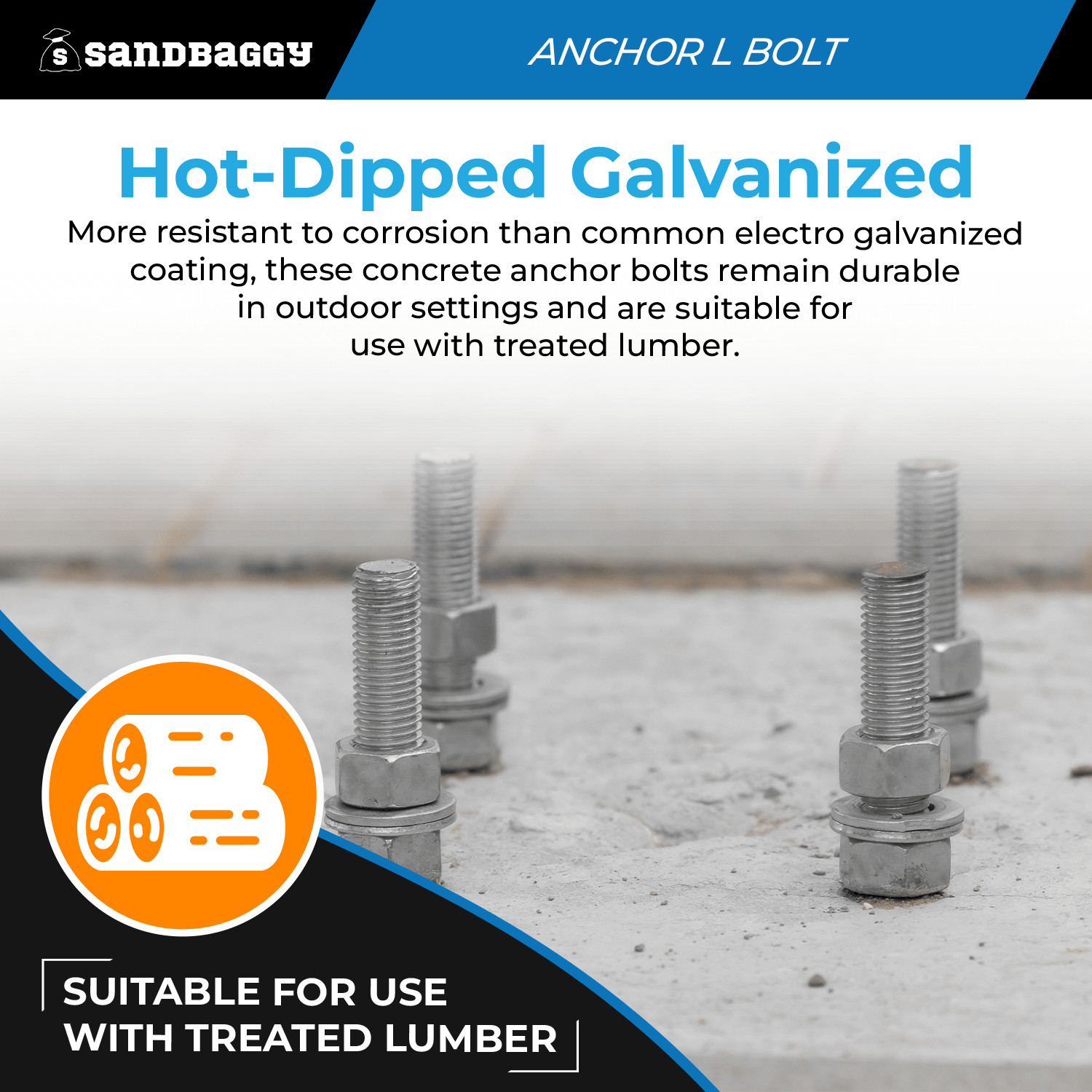 Sandbaggy 5/8″ x 24″ Threaded Concrete Anchor L-Bolts – Hot Dipped Galvanized