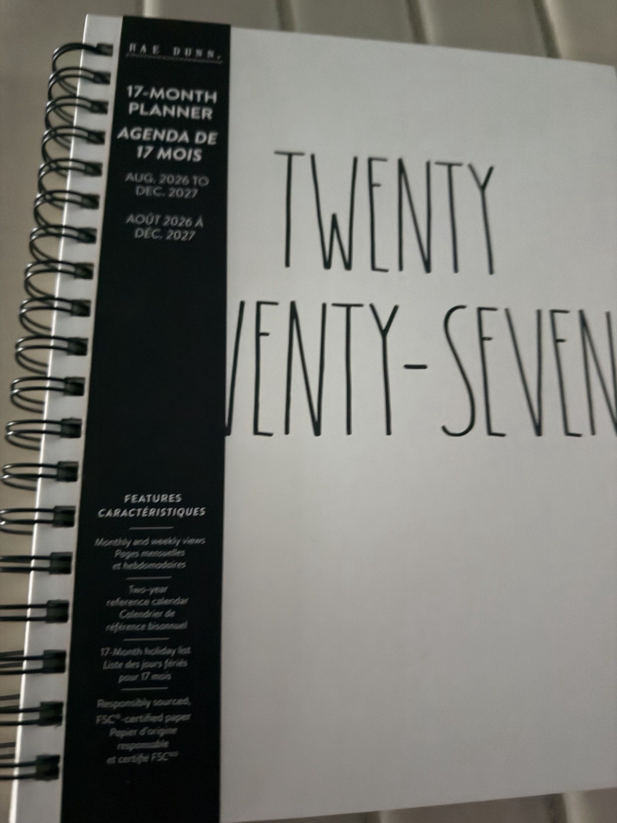 Rae Dunn Large Hard Cover Spiral 17-month Planner Aug. 2026-2027 (Black/Ivory)