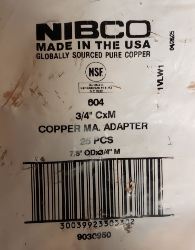 Nibco Copper Male Adapter 3/4″ CxM 7/8 OD X 3/4MNPT 9030950 NEW Qty.- 25