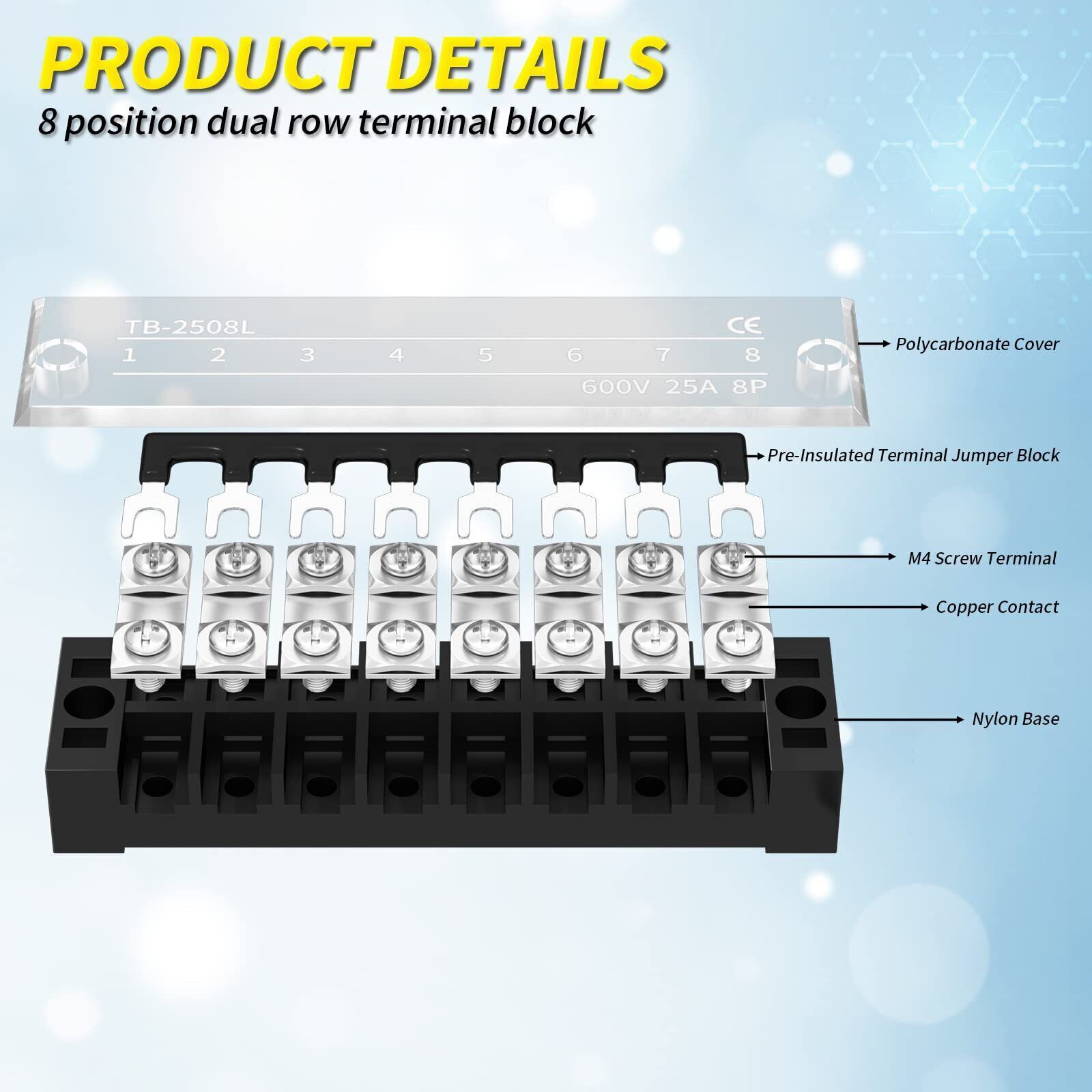 8 Position Terminal Block 25A 600V Dual Row Screw Terminal Strip Dual Row wit
