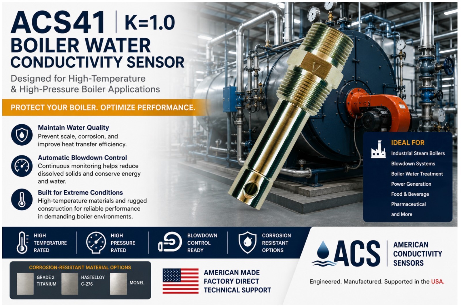 Boiler EC & TDS Sensor ACS41 2.25″ID Conductivity Probe Boiler Water Monitoring