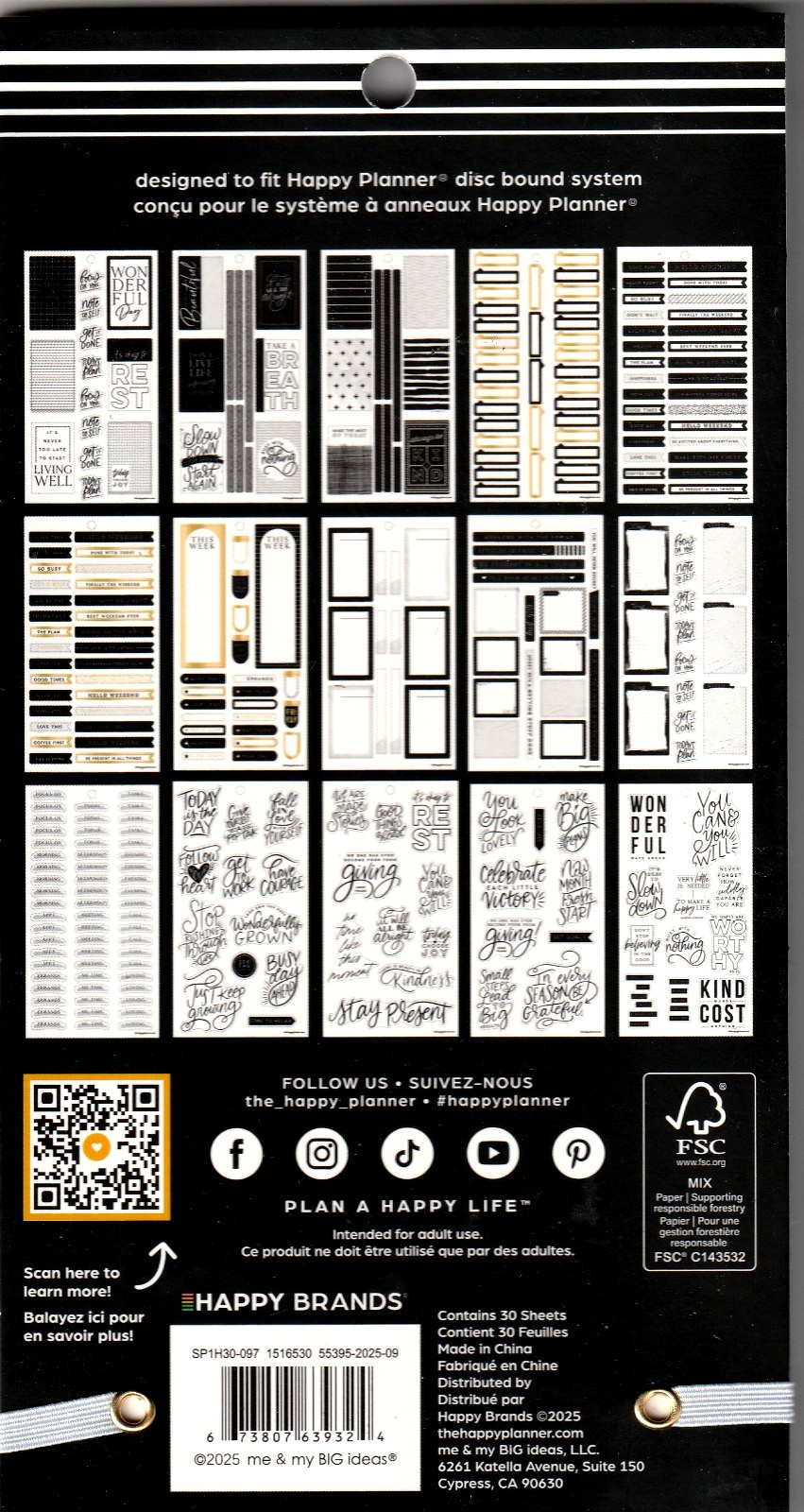 Happy Planner Black and White Sticker Book – 30 Pages – 573 Pieces – NEW
