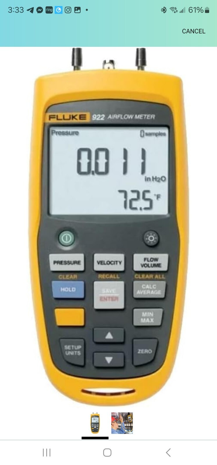 Fluke 922 Airflow Micromanometer with Bright Backlit Display