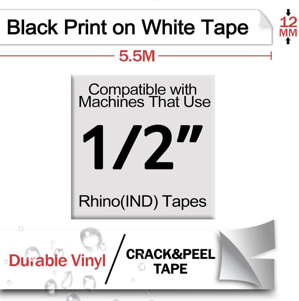 5PK Vinyl Label Tape 18444 12mm Black / White for DYMO RHINO 3000 4200 5200 6000