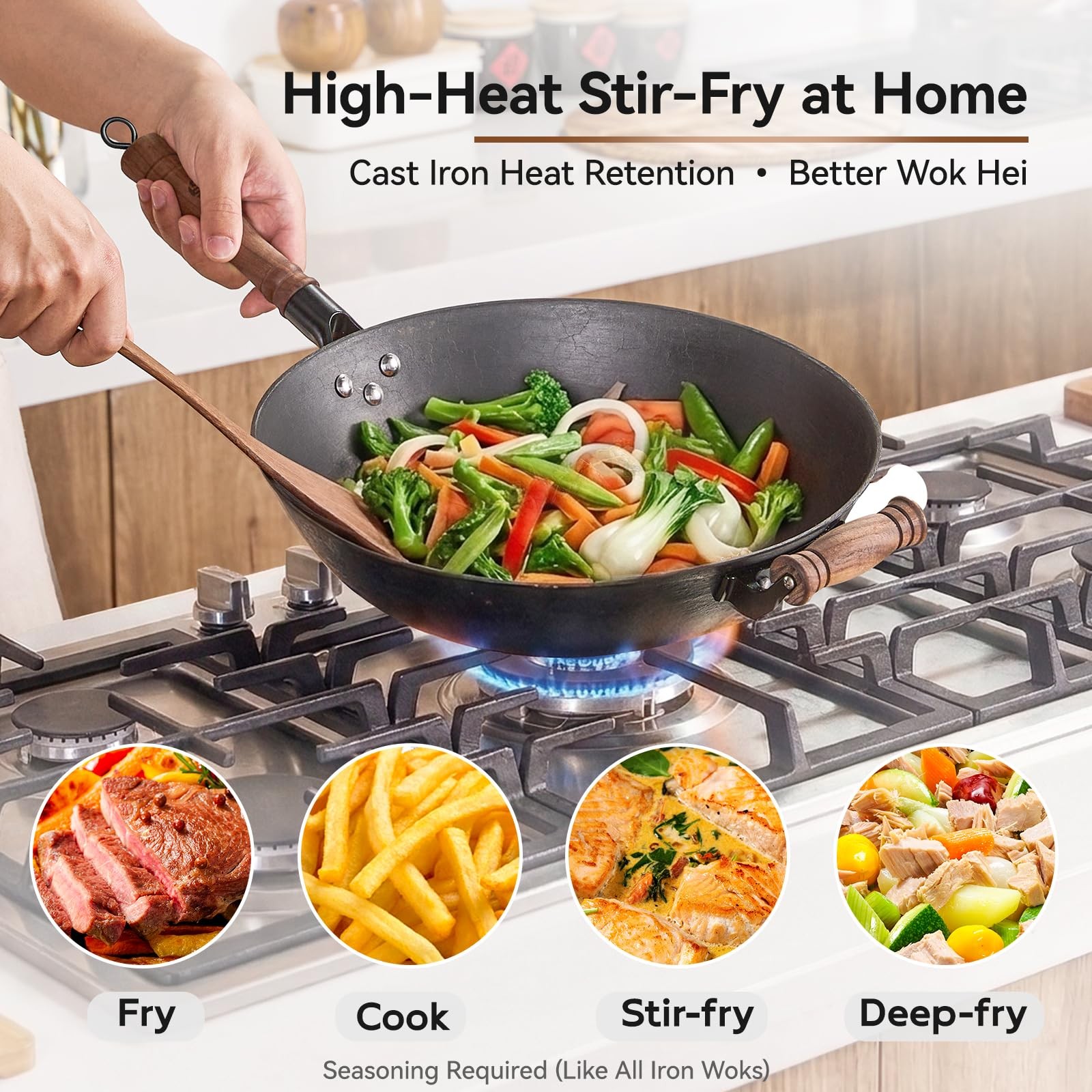 Wangyuanji Cast Iron Wok Pan Lid 14.2 Inch Flat Bottom Uncoated Stir Fry