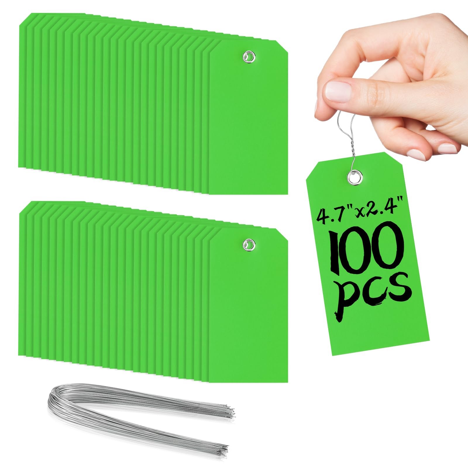 100 Green Tags with Wires – Waterproof, Writable, Neon – 4 3/4″ x 2 3/8″ Heavy D