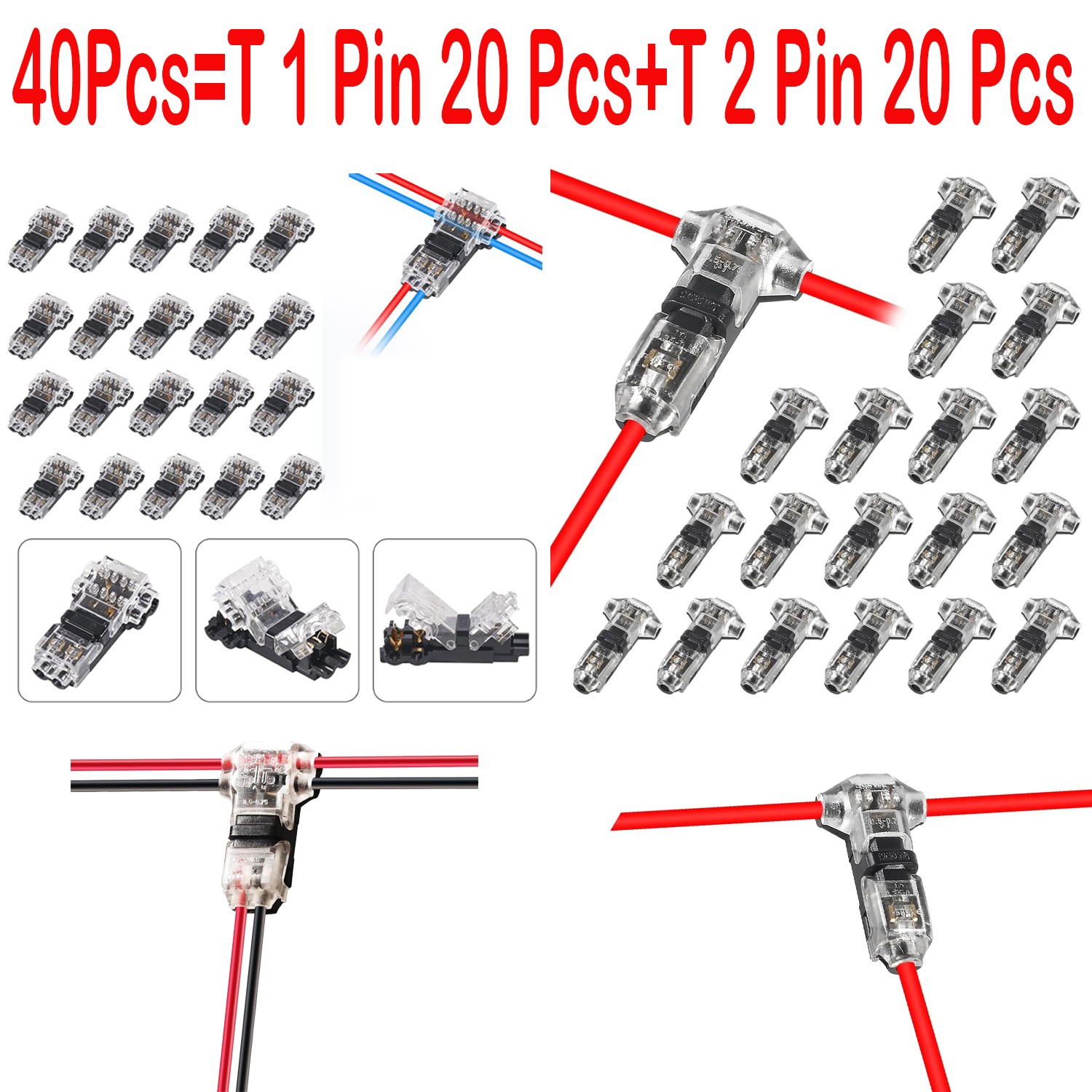 40PC 2-Pin+1-Pin T-Tap Wire Connectors,Clear,Solderless 3-Way AWG 24–20/18
