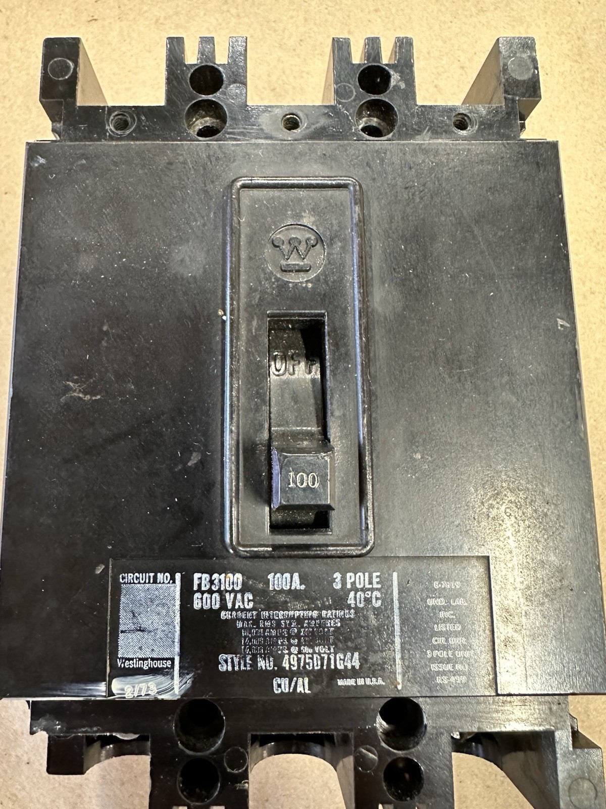 ⭐️ WESTINGHOUSE FB CIRCUIT BREAKER FB3100 100 AMP 600 VOLT 3 POLE ⭐️