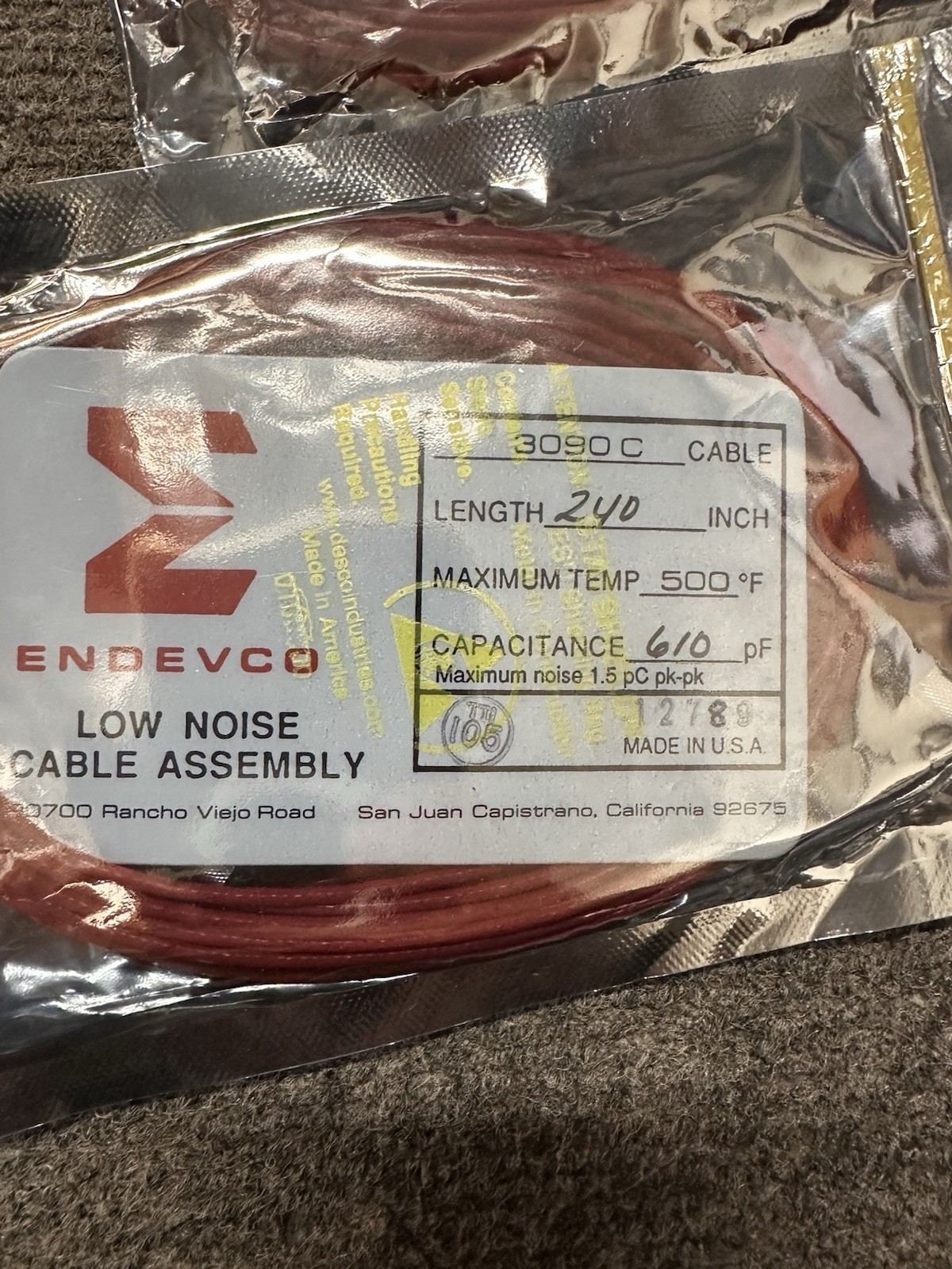 8 New Sealed Endevco 3090C Low Noise Accelerometer Cable 240 inch