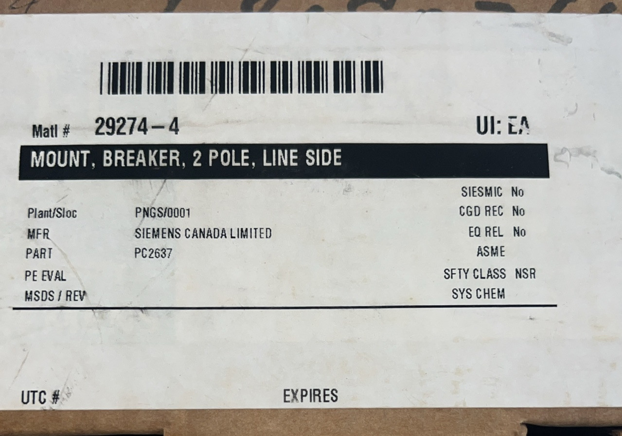 SIEMENS PC2637 CIRCUIT BREAKER PLUG-IN MOUNT ASSEMBLY 600V 100A