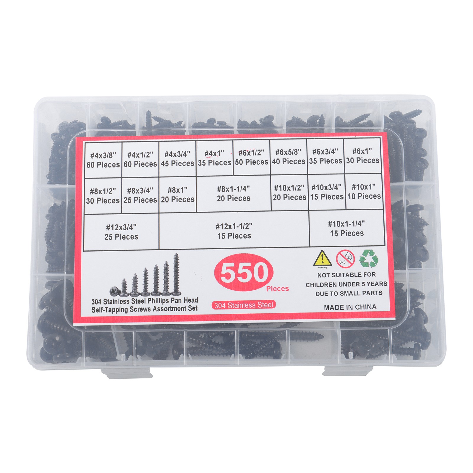 550Pcs 304 Stainless Steel Black Wood Screws, Phillips Pan Head Assortment Kit