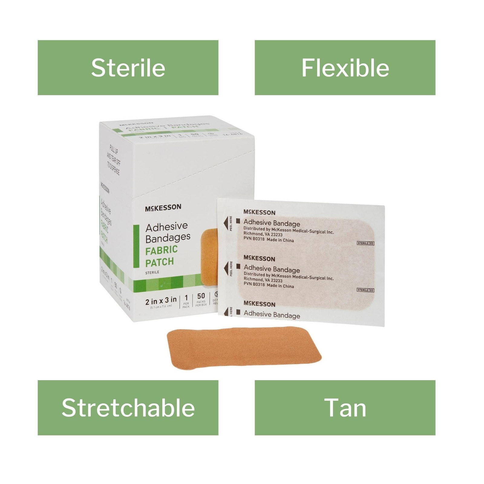 McKesson Adhesive Bandages, Sterile, Fabric Patch, 2 X 3 Inch (50 Count), Tan