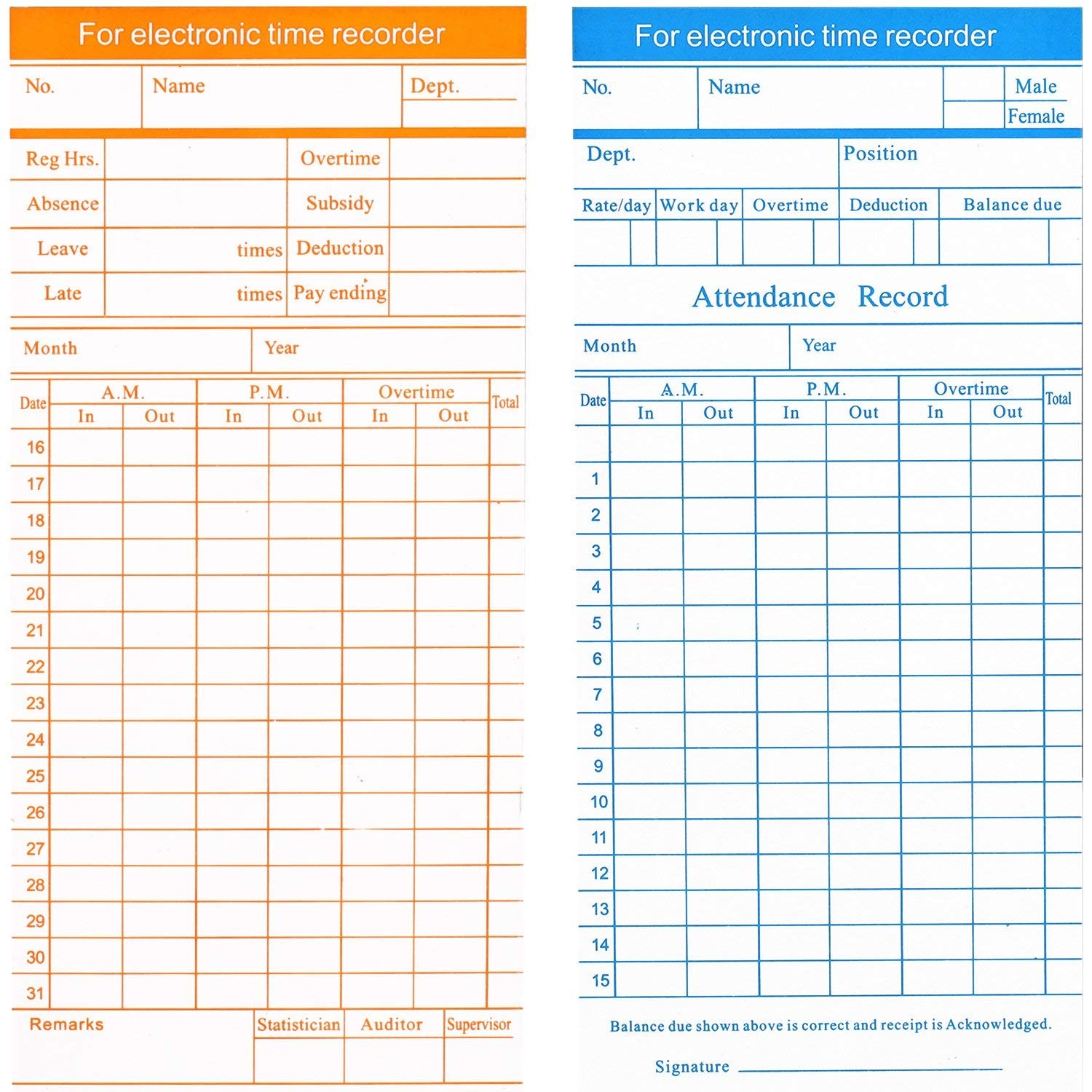 Flexzion Time Cards Monthly Timesheet Clock Timecard – 270 Pack 6 Column