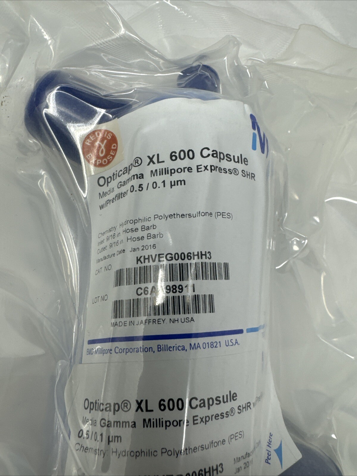 Millipore Opticap XL 600 Capsule Gamma SHR KHVEG006HH3 0.5/0.1 UM Lab Supply New