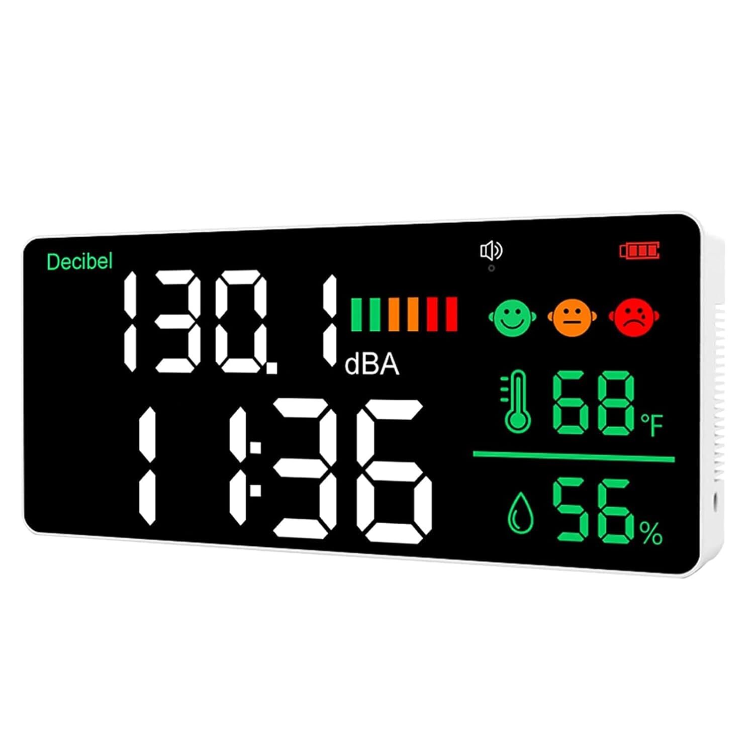5-in-1 Decibel Meter 30-130dB Range Wall Mount Sound Level Meter 11″ Large LED