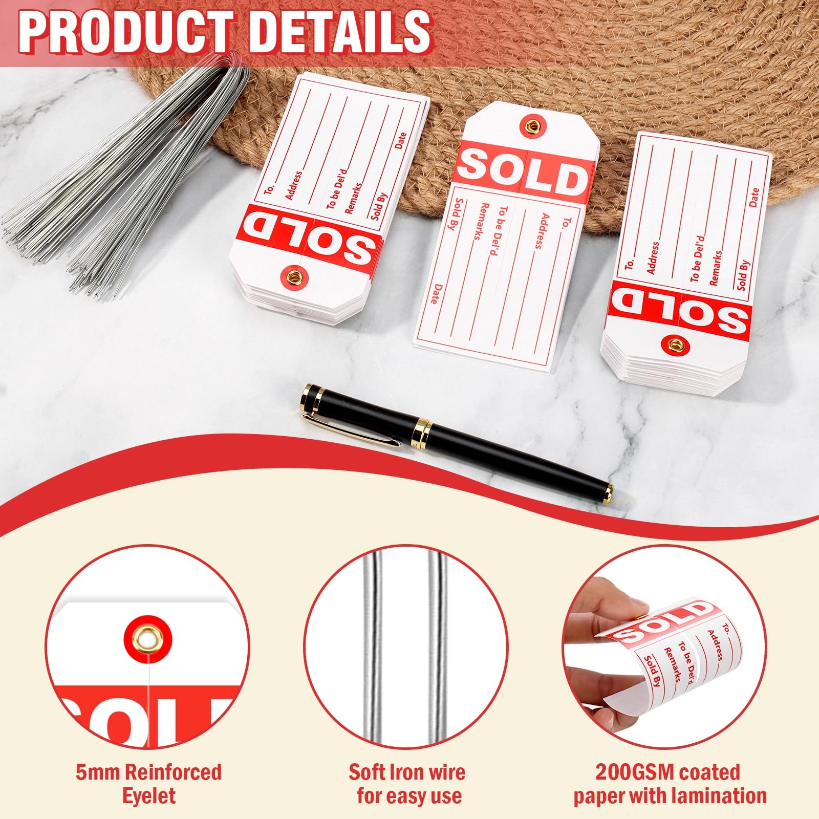 200 PCS White Red Sale Sold Tags Center Slit Wire 5mm Hole 2 3/8 x 4 3/4 In