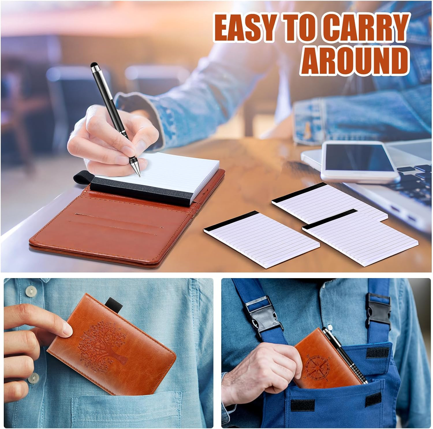 8 Pcs Mini Pocket Notepad Holder Set Leather Notepad Holder with Metal Pen Lined