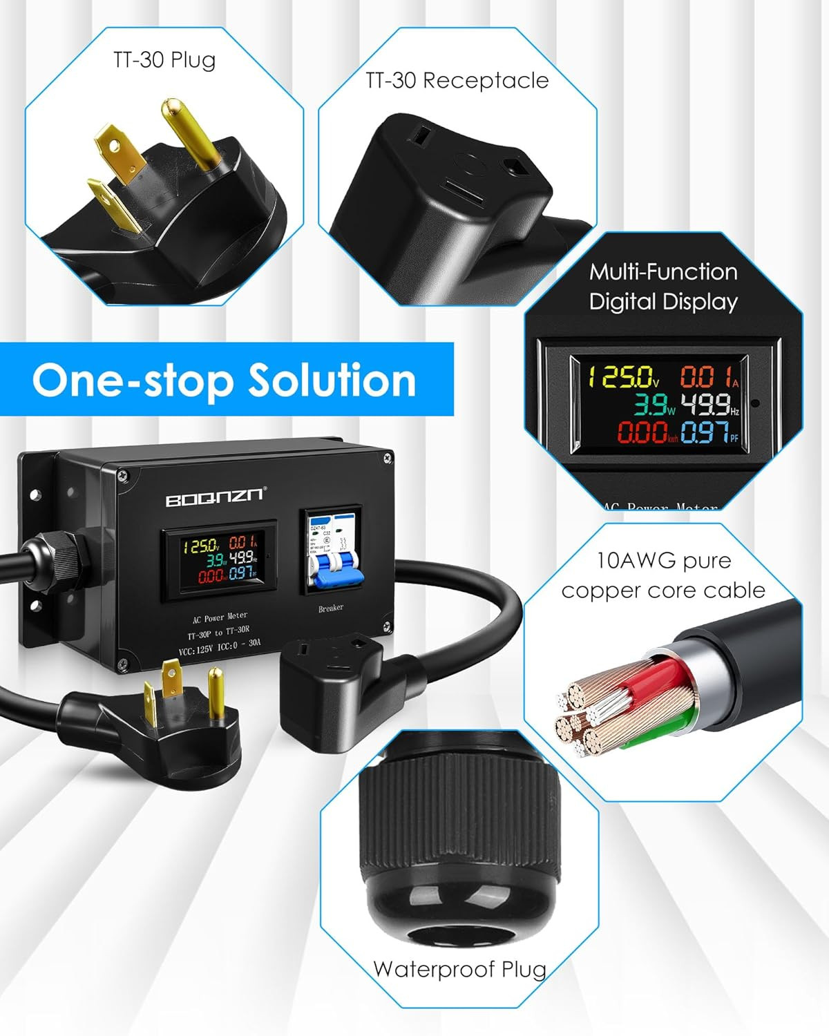 30A 125V AC Power Meter, NEMA TT-30P to TT-30R Outlet Monitor, Multifunction Ene