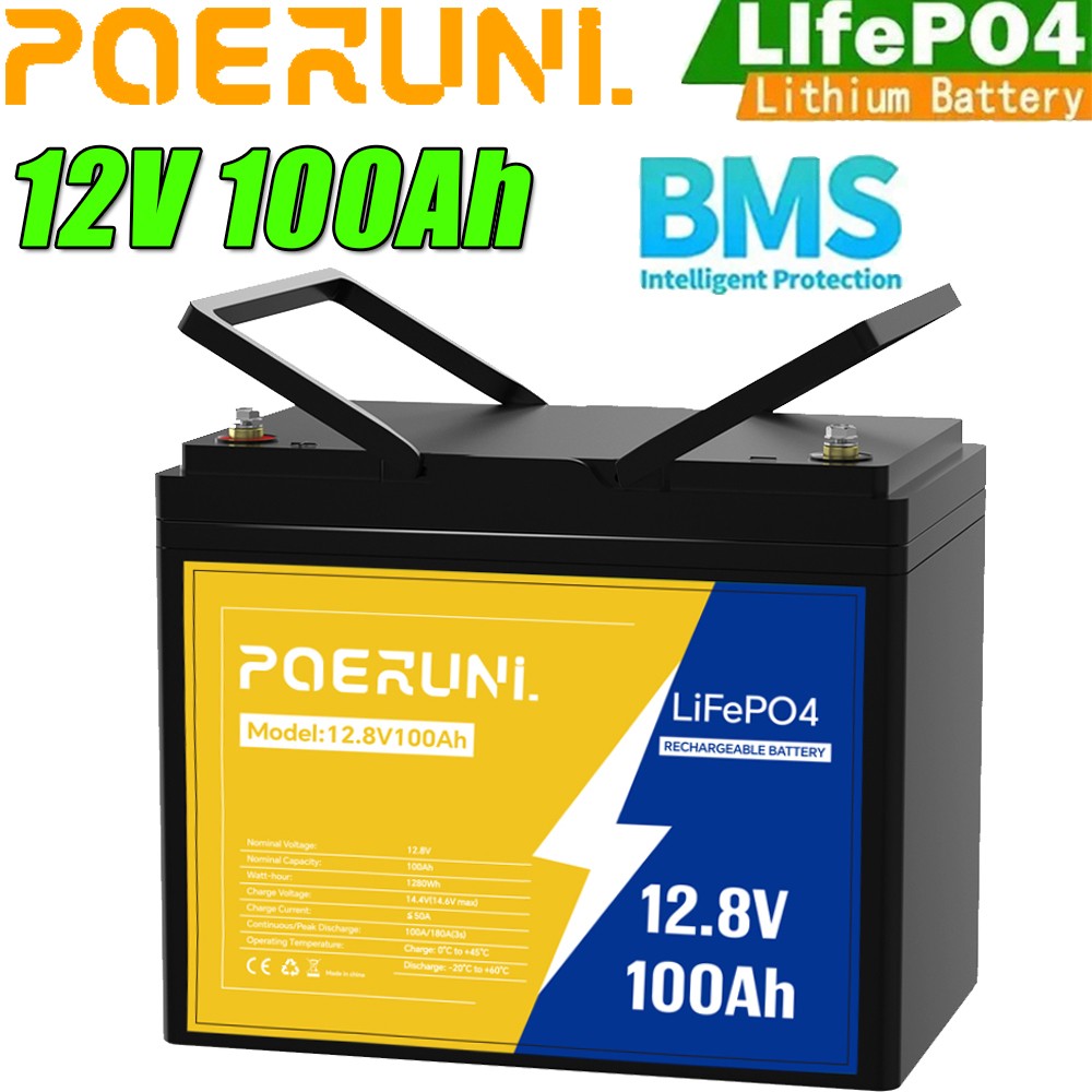 100Ah 12V LiFePO4 Lithium Battery Built-in BMS Cycle Deep for Solar RV Off-grid
