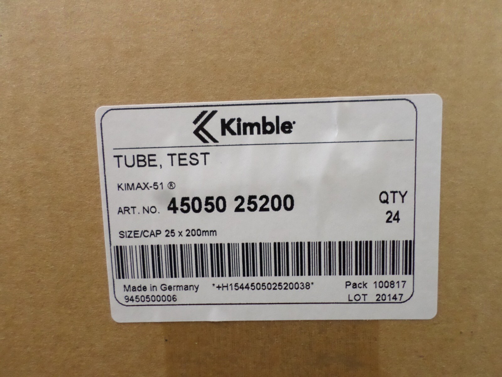 KIMBLE Glass 75mL Kimax-51 25x200mm Beaded Rim Test Tube 45050-25200 (24/Pack)