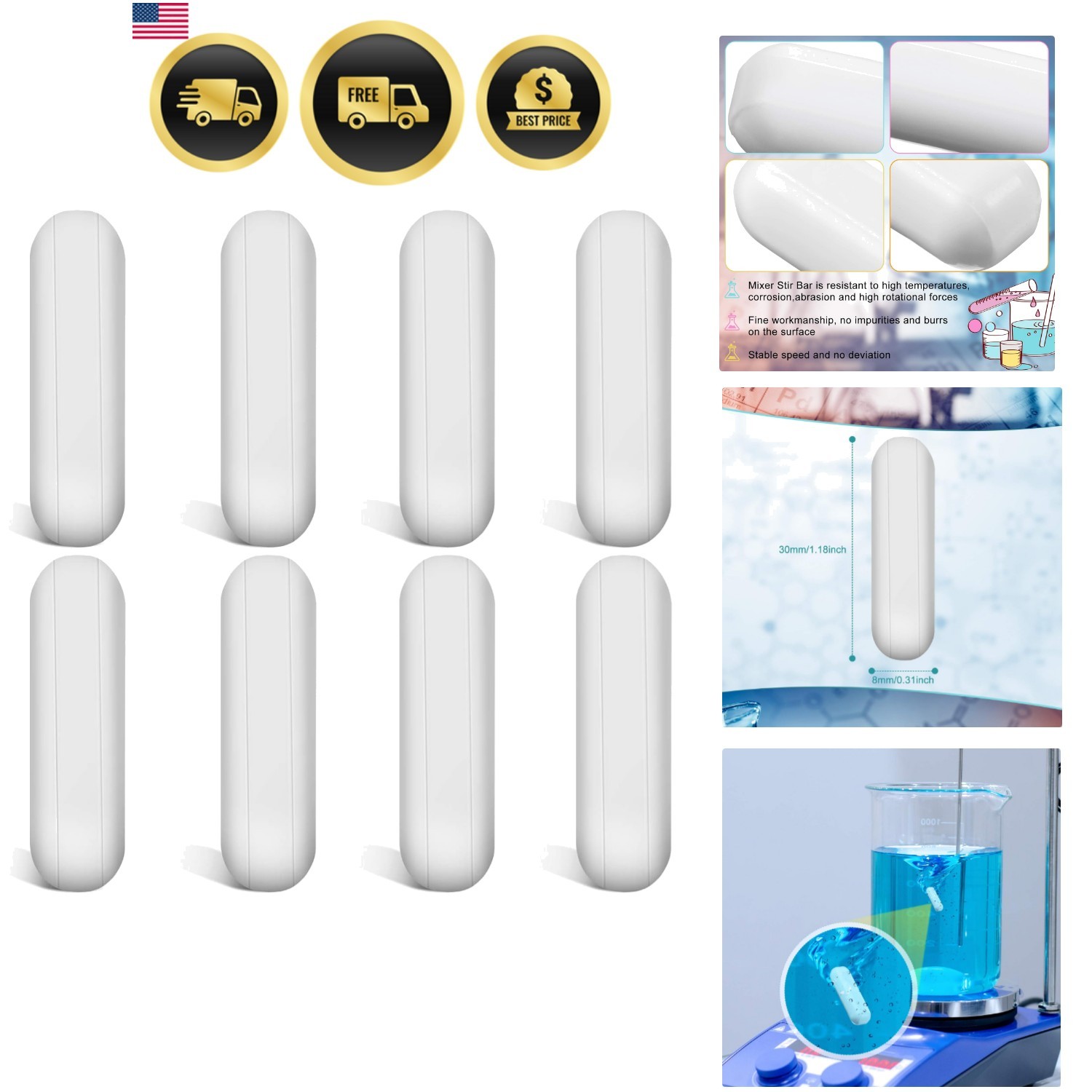 8 Pieces PTFE Magnetic Mixer Stirrer Bar, White Color Stainless Steel Laborat…
