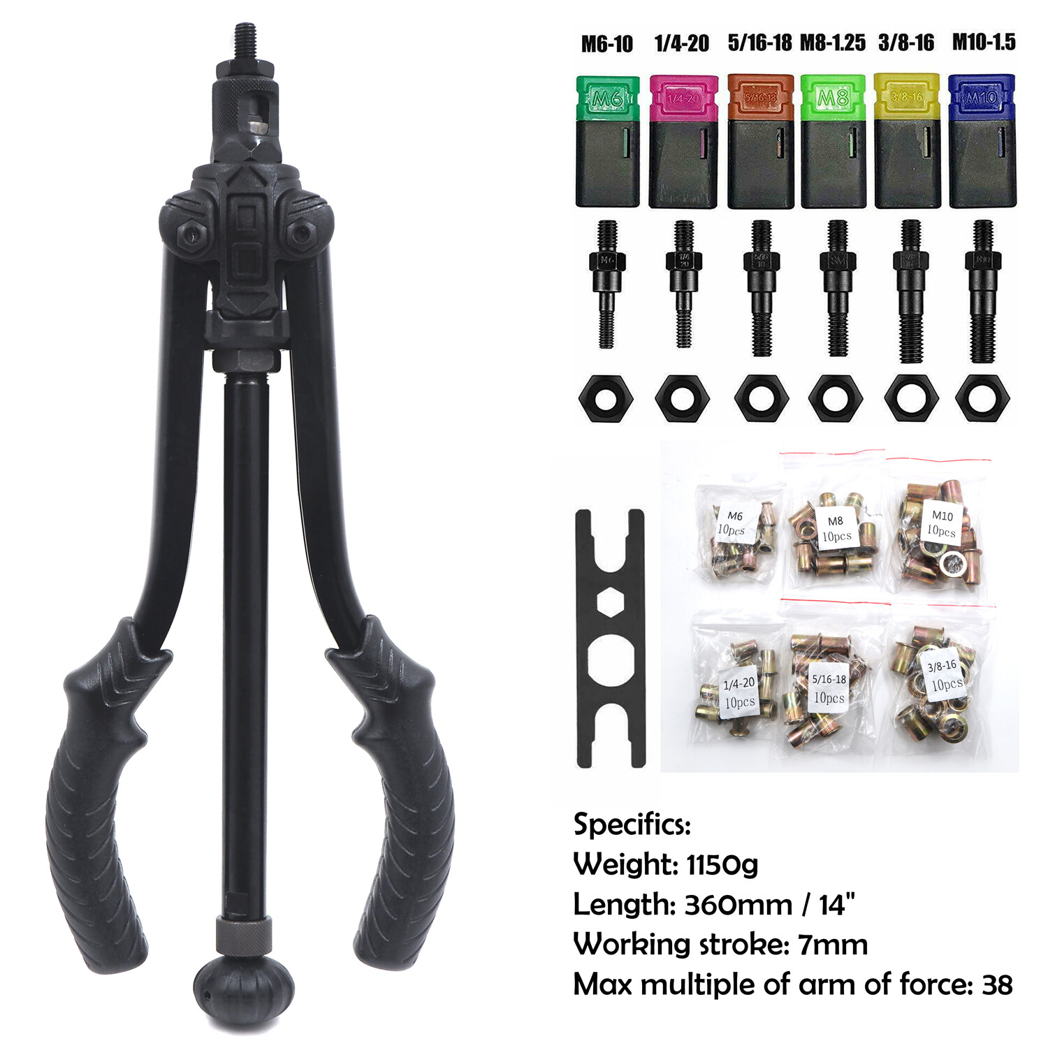 Thrust Type Hand Nut Riveter 360mm 14″ 60pcs Rivet Nut Gun Kit Rivnut Setting To