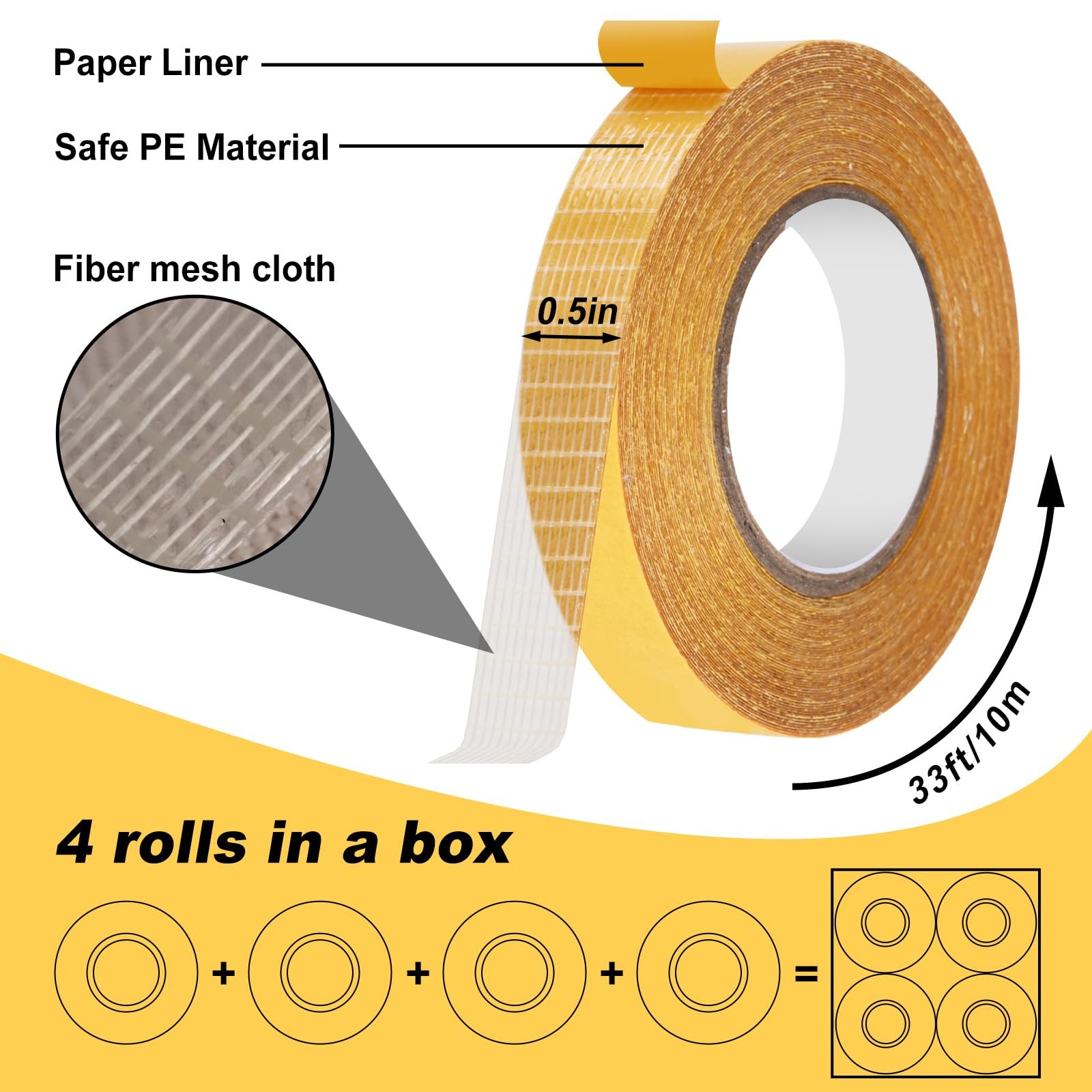 4 Pack， 0.5 in x 33FT/10m，Double Sided Fabric Tape Heavy Duty for Hem，Fashion…