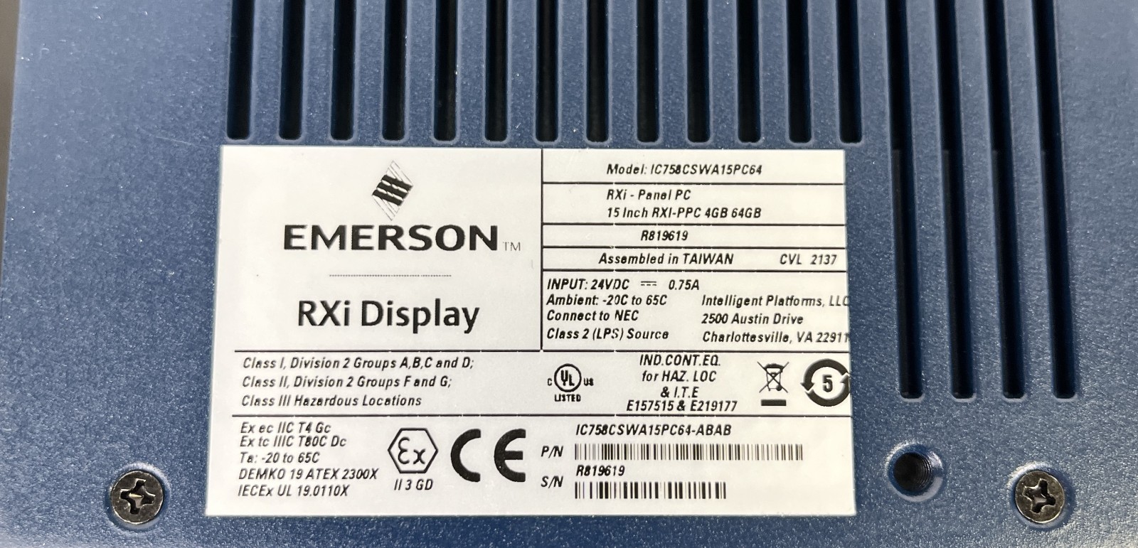 EMERSON, RXi PANEL PC, MODEL IC758CSWA15PC64, 15″ SCREEN, WINDOWS 10 IOT, NEW