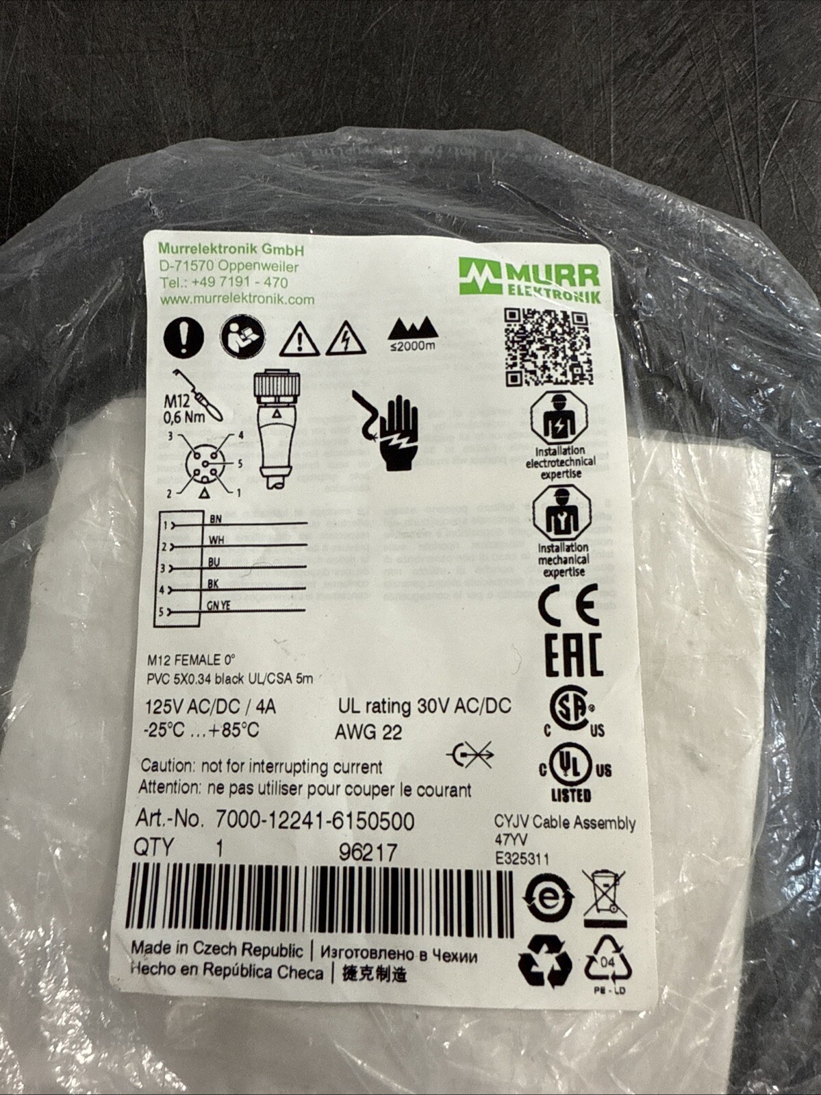 Murr Elektronik M12 Female A-Cod w Cable Black 7000-12241-6150500 5m *NEW*
