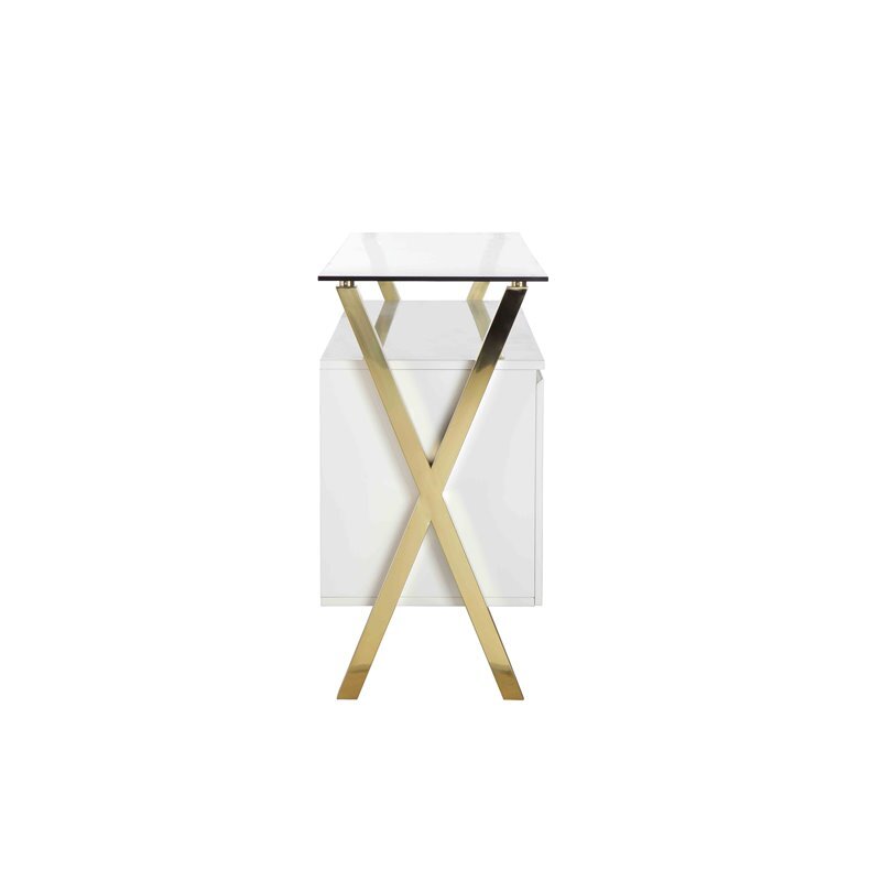 Pangea Home Beverly Modern Glass & Polished Steel Buffet in Gold/White and Clear