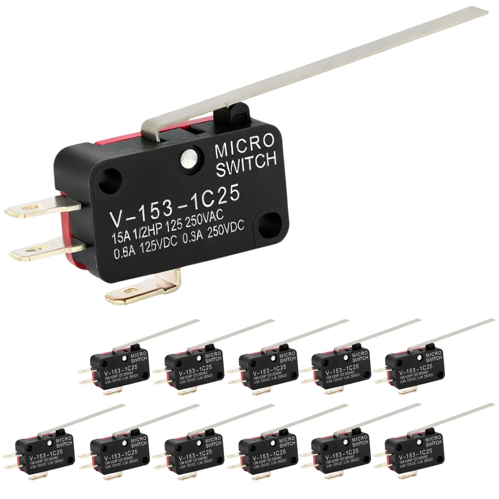 12 Pcs Micro Limit Switch with Long Hinge Lever (V-153-1C25), Black