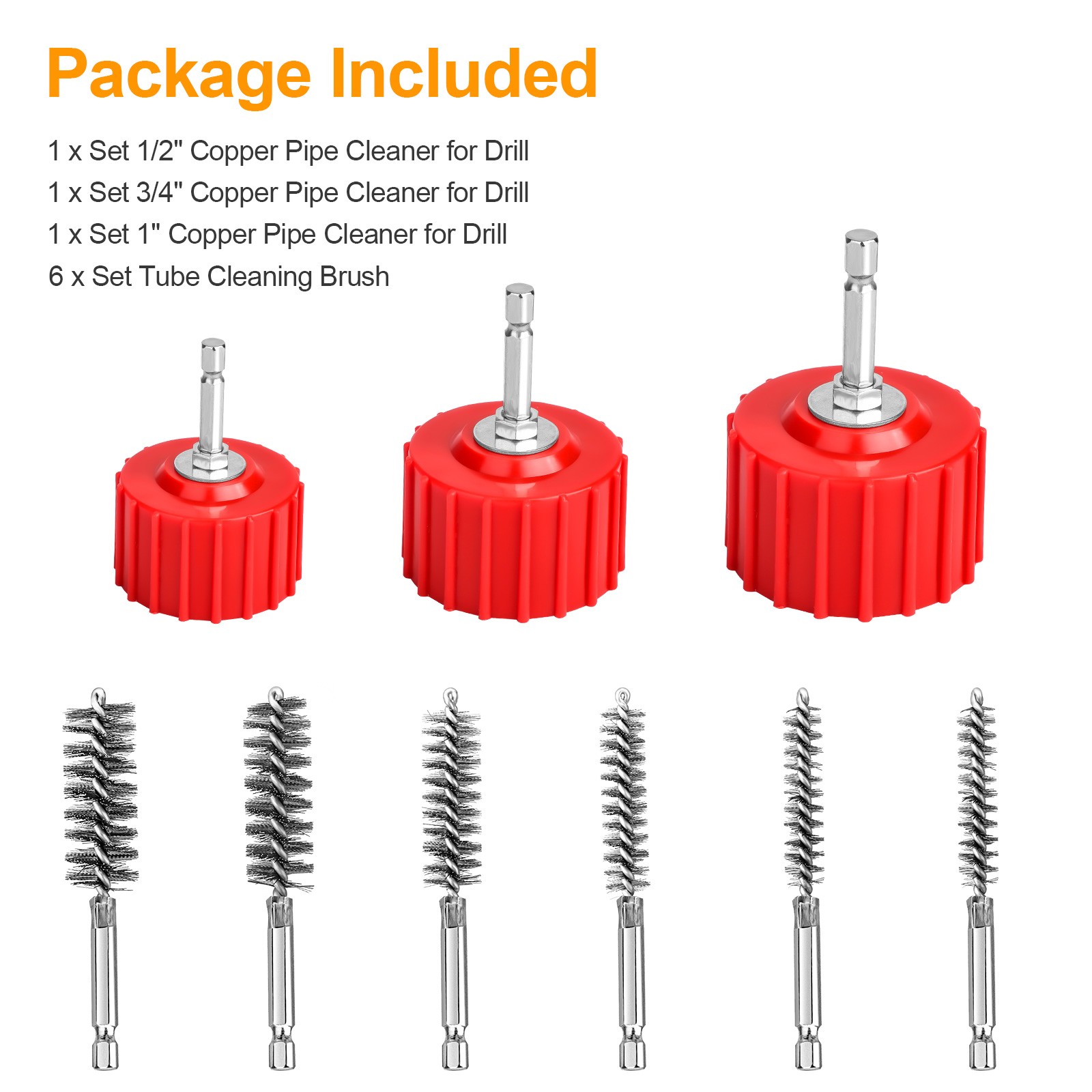 Copper Pipe Cleaner Set for Drill 1/2″ 3/4″ 1″ Bore Brush Kit Plumbing HVAC Tool