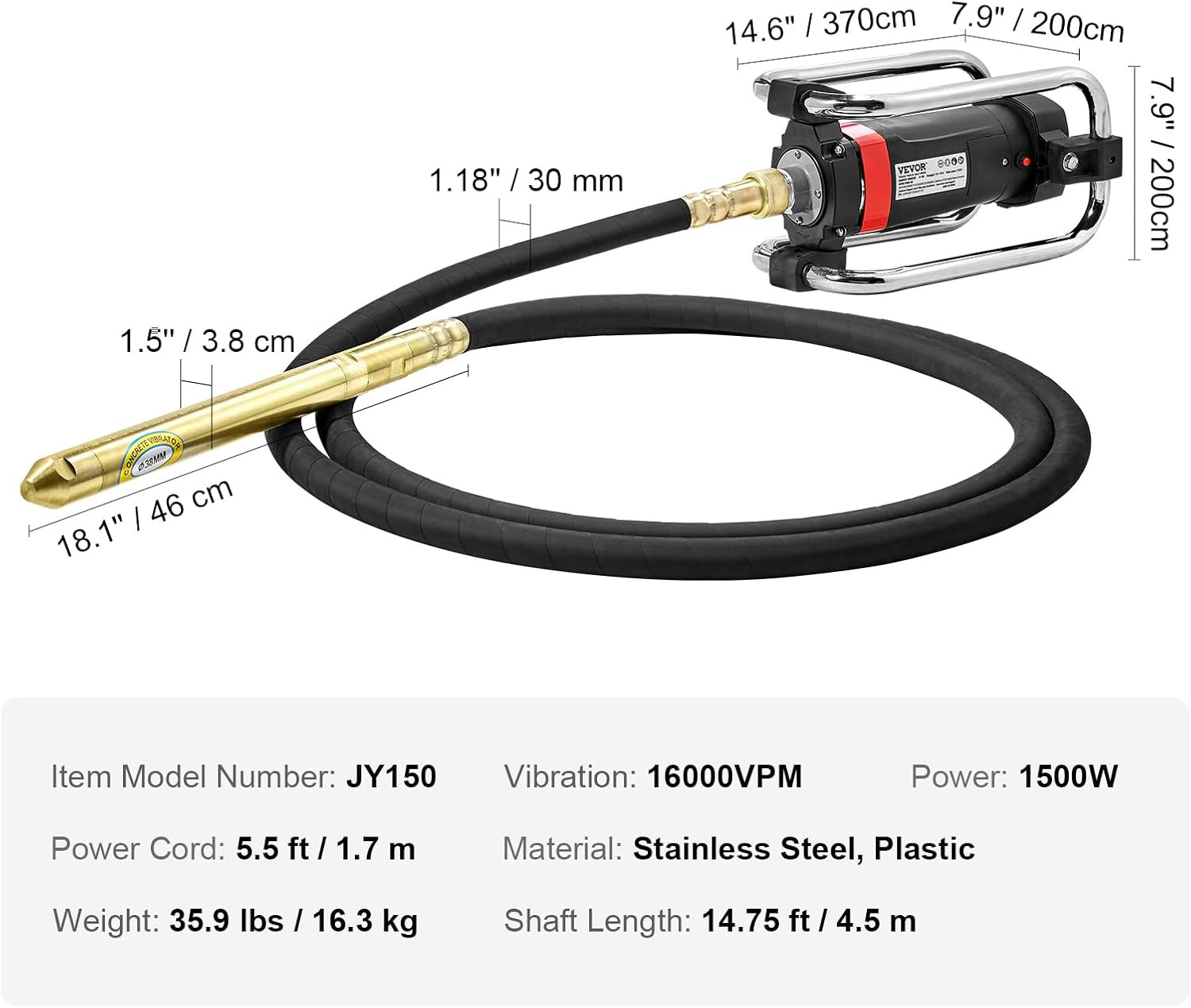 Concrete Vibrator, 1300W Power, 16000 Vibrations per Minute, Durable 2HP Copper