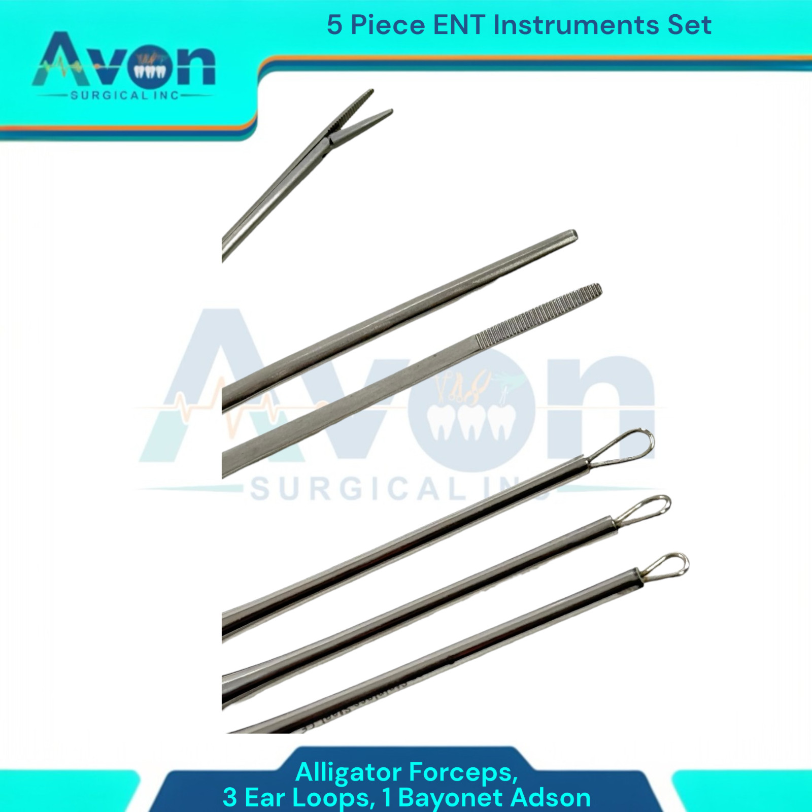 Ear Wax & Foreign Object Removal Kit-Alligator Forceps, Bayonet Adson, Ear Loops
