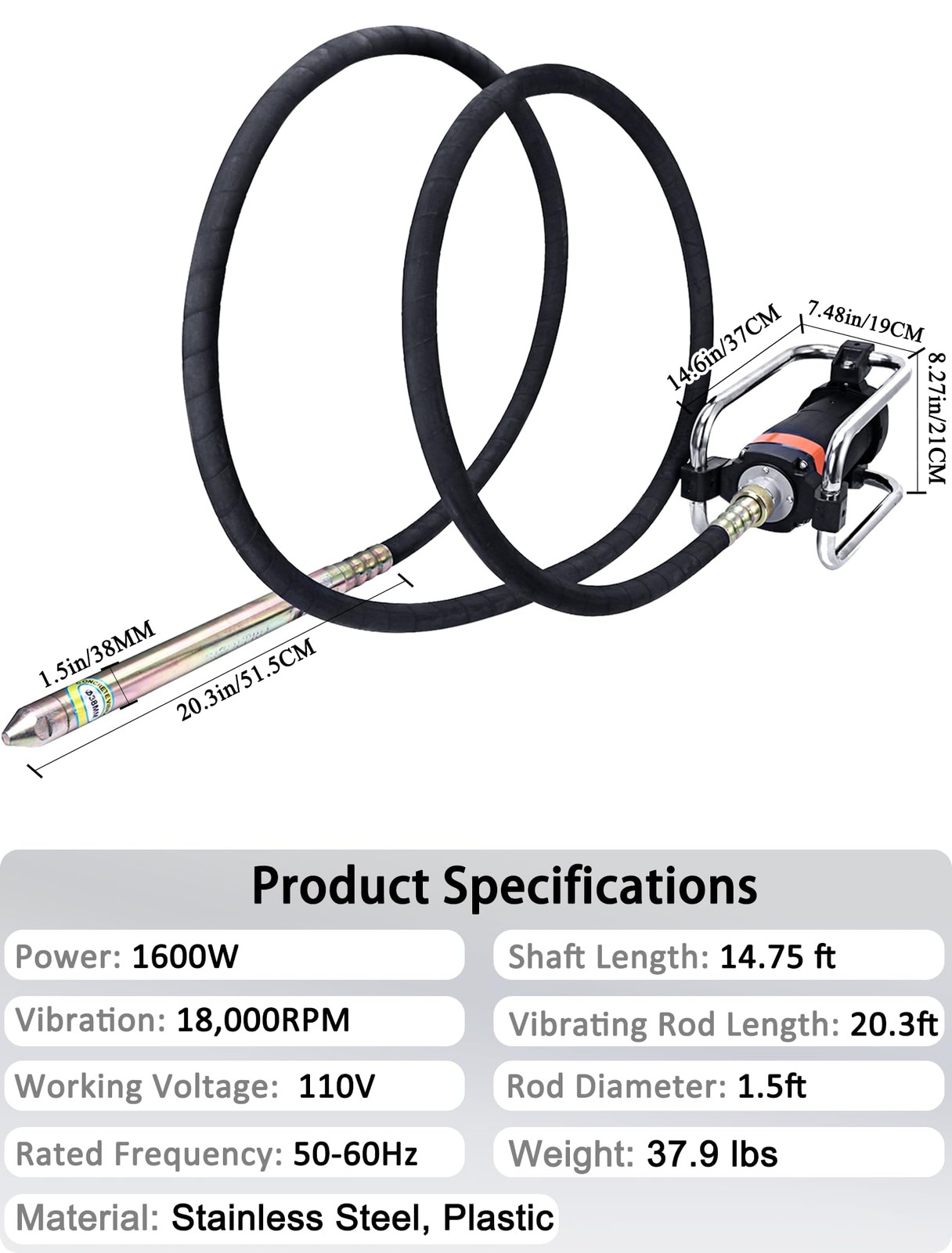 BIZOEPRO Concrete Vibrator, 1600W 2HP 18000RPM, 14-3/4ft Flexible Shaft, Elec…