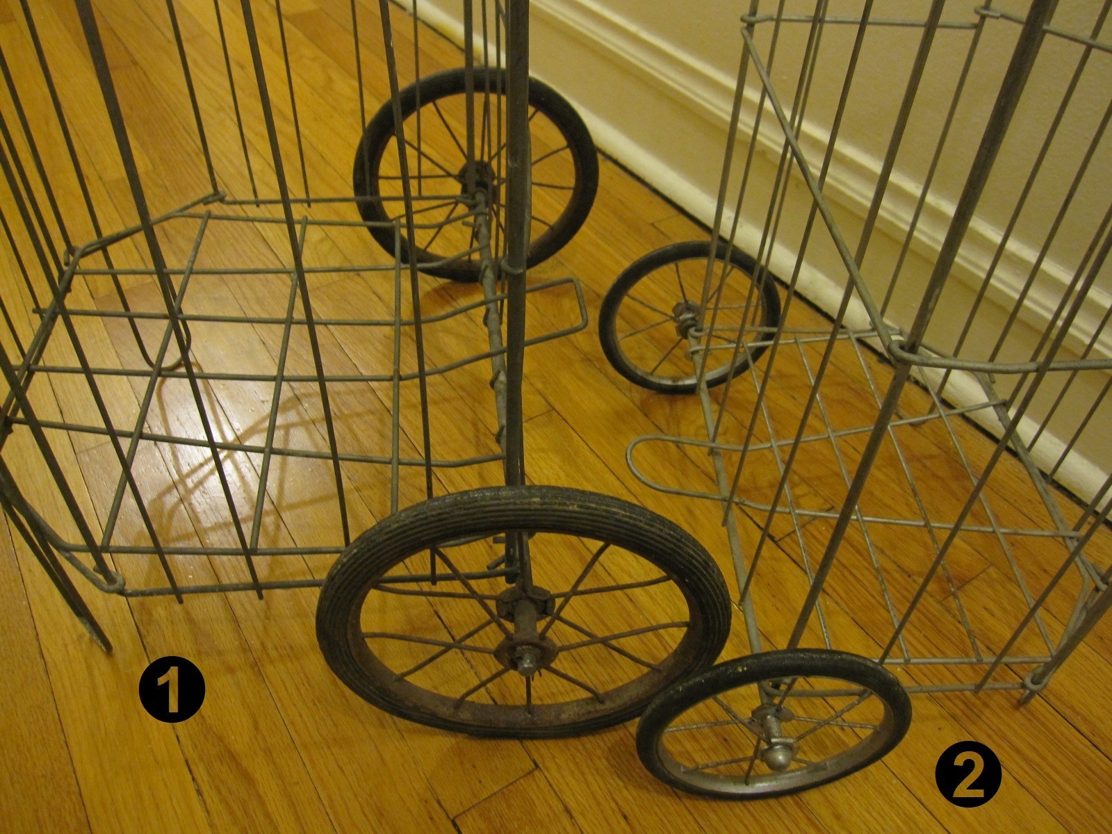 1940s Folding Metal Shopping Carts, Child’s & Adult Size Wire Basket Collapsible