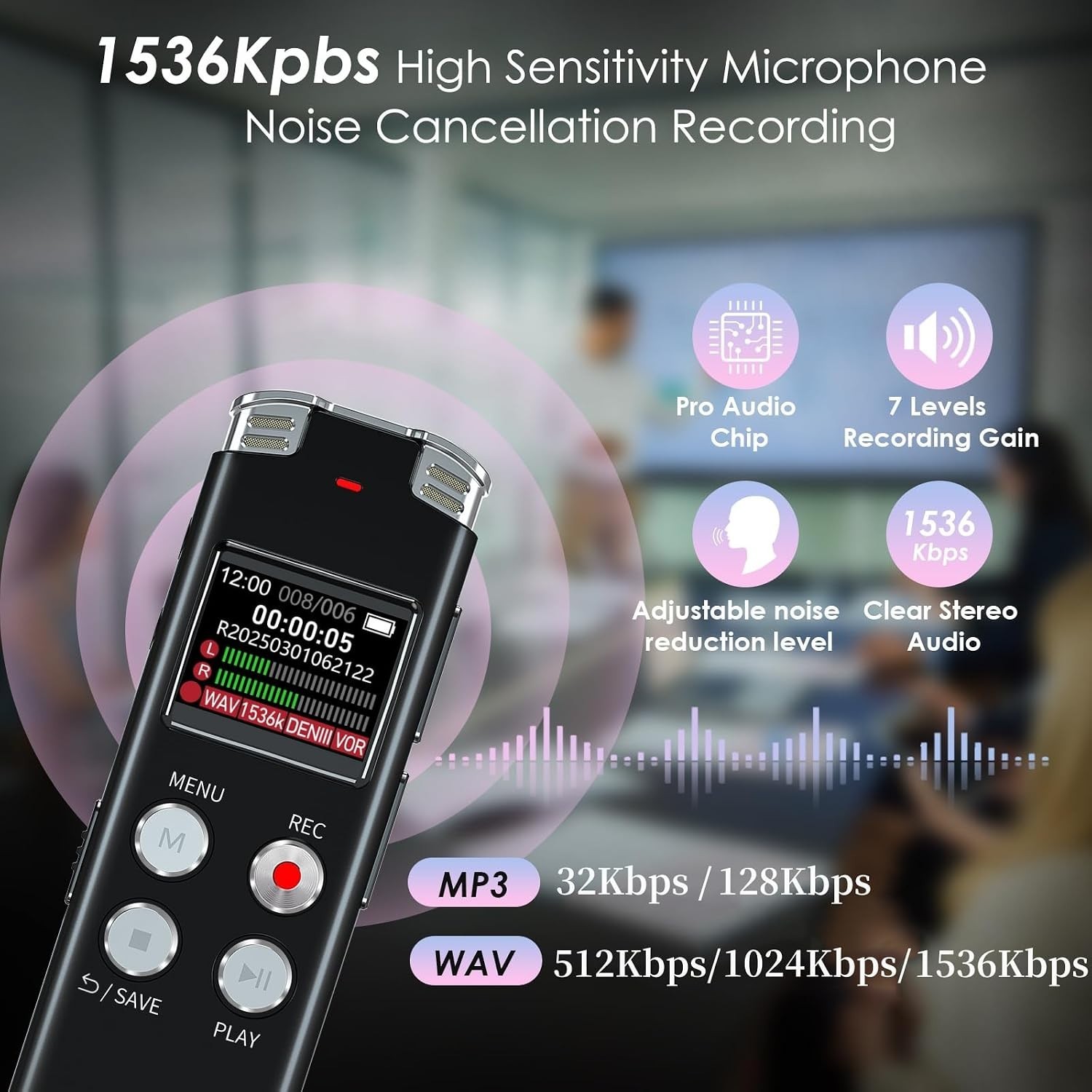 Digital Voice Recorder, 64GB, Voice Activated, Playback, USB Type-C, MP3 WAV