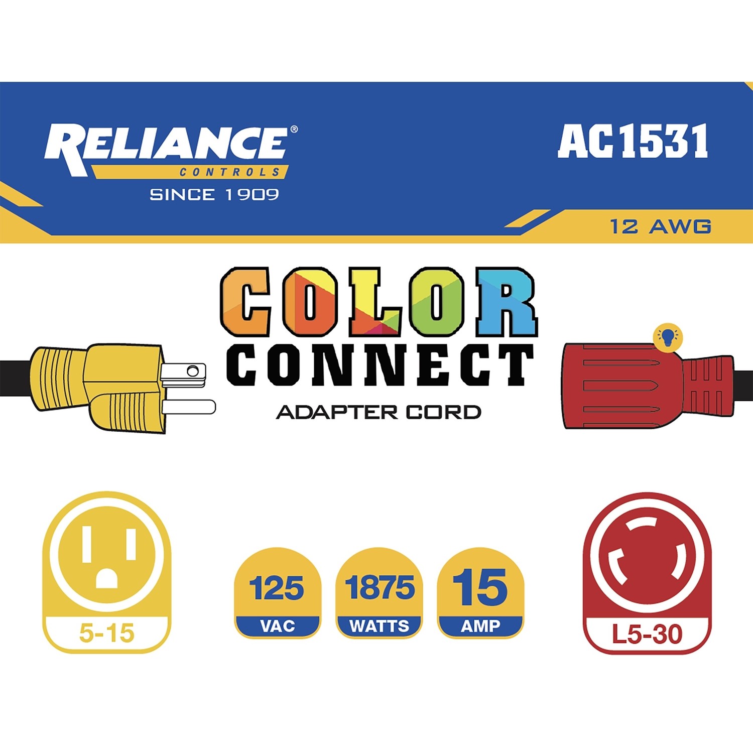 Reliance Controls AC1531 Black Rubber 125V 1875W Outdoor Adapter Cord 12 L in.