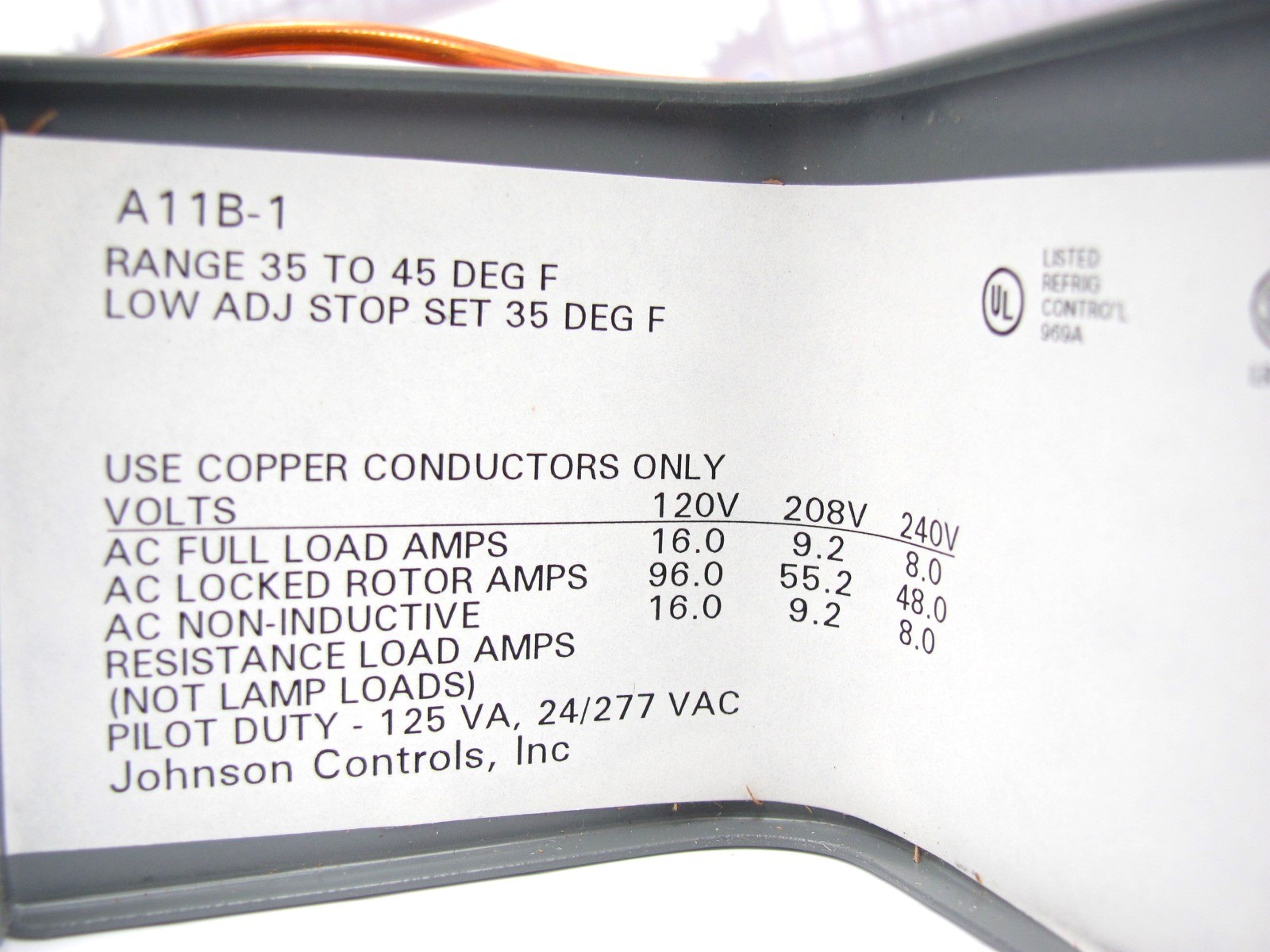 JOHNSON – A11B-1C – Freeze Stat Low Temp Cutout Control w/Auto Reset (35-45F)