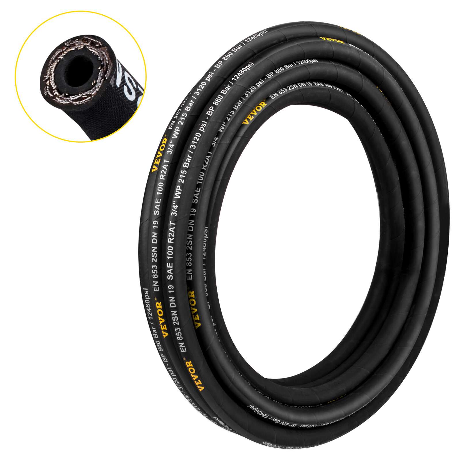 VEVOR Hydraulic Hose 100ft Coiled Hydraulic Hose 1/2″ SAE W.P. PSI4000 R2 Steel