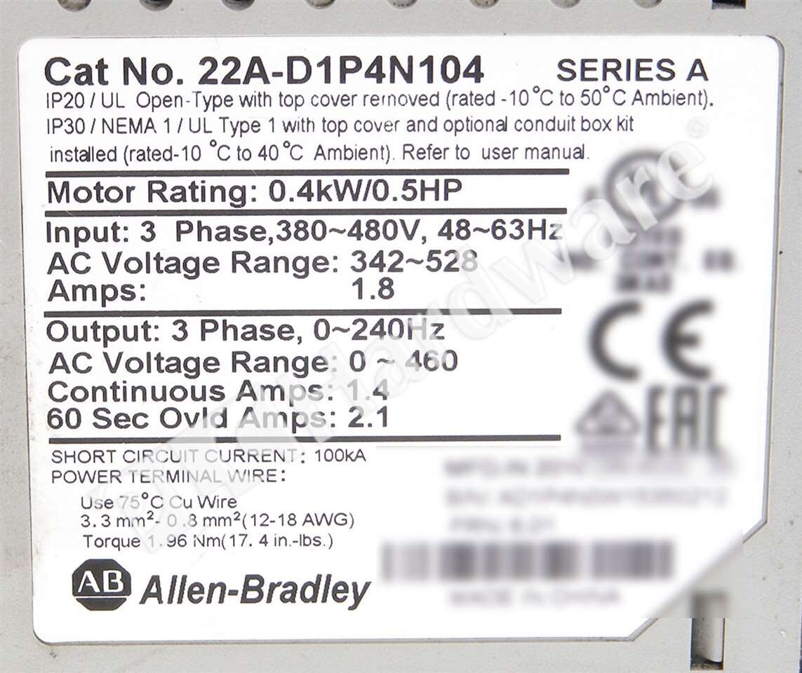Allen Bradley 22A-D1P4N104 /A PowerFlex 4 AC Drive 480VAC 3-Phase 0.37kW 0.5HP