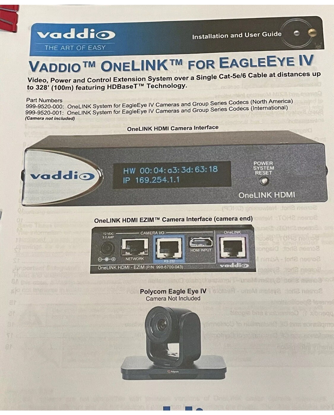 NEW Vaddio 999-9520-000 Codec Kit for OneLINK System For Polycom EagleEye Camera