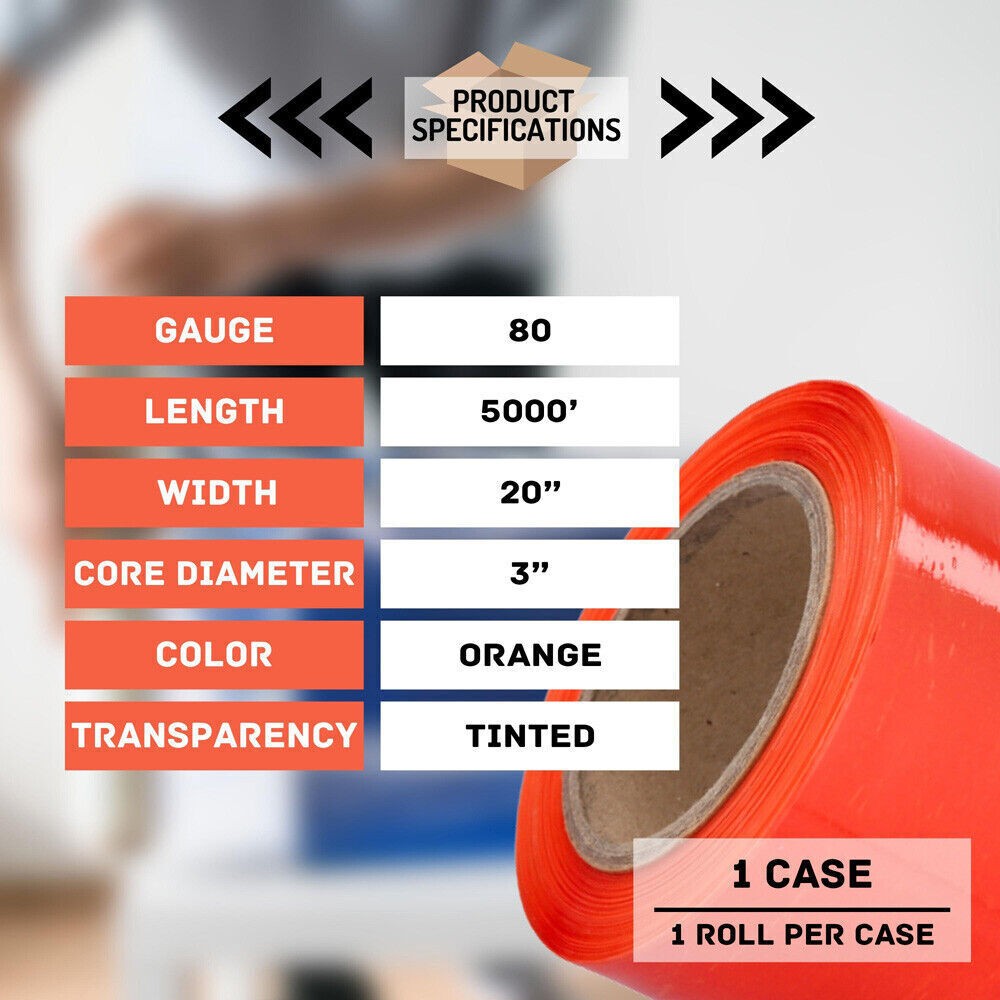 Cast Machine Pallet Stretch Shrink Film Tint Orange 20″ x 5000′ 80 Ga 1 Roll